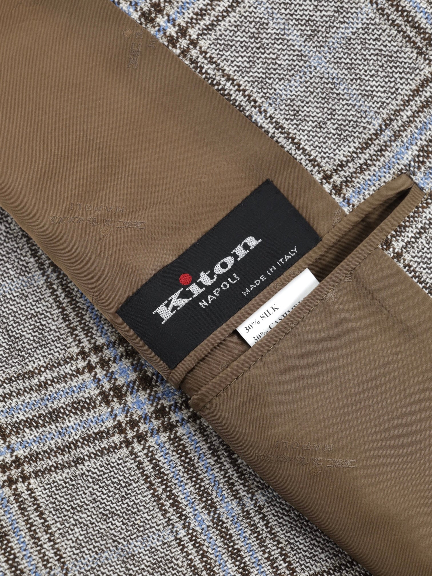 Kiton Taupe & Light Blue Silk, Cashmere, Wool & Linen Checkered Jacket