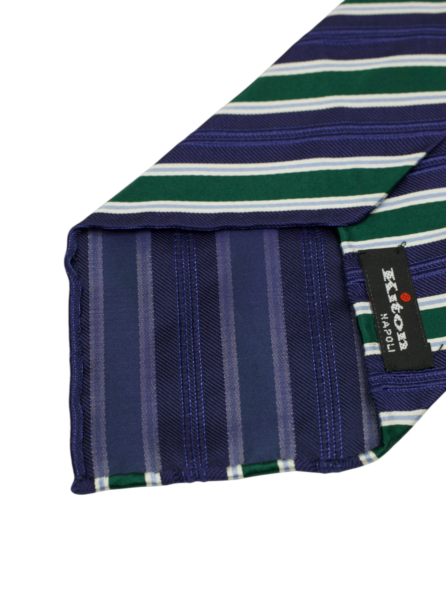 Kiton 5-Fold Blue & Green Handrolled Silk Jacquard Striped Tie