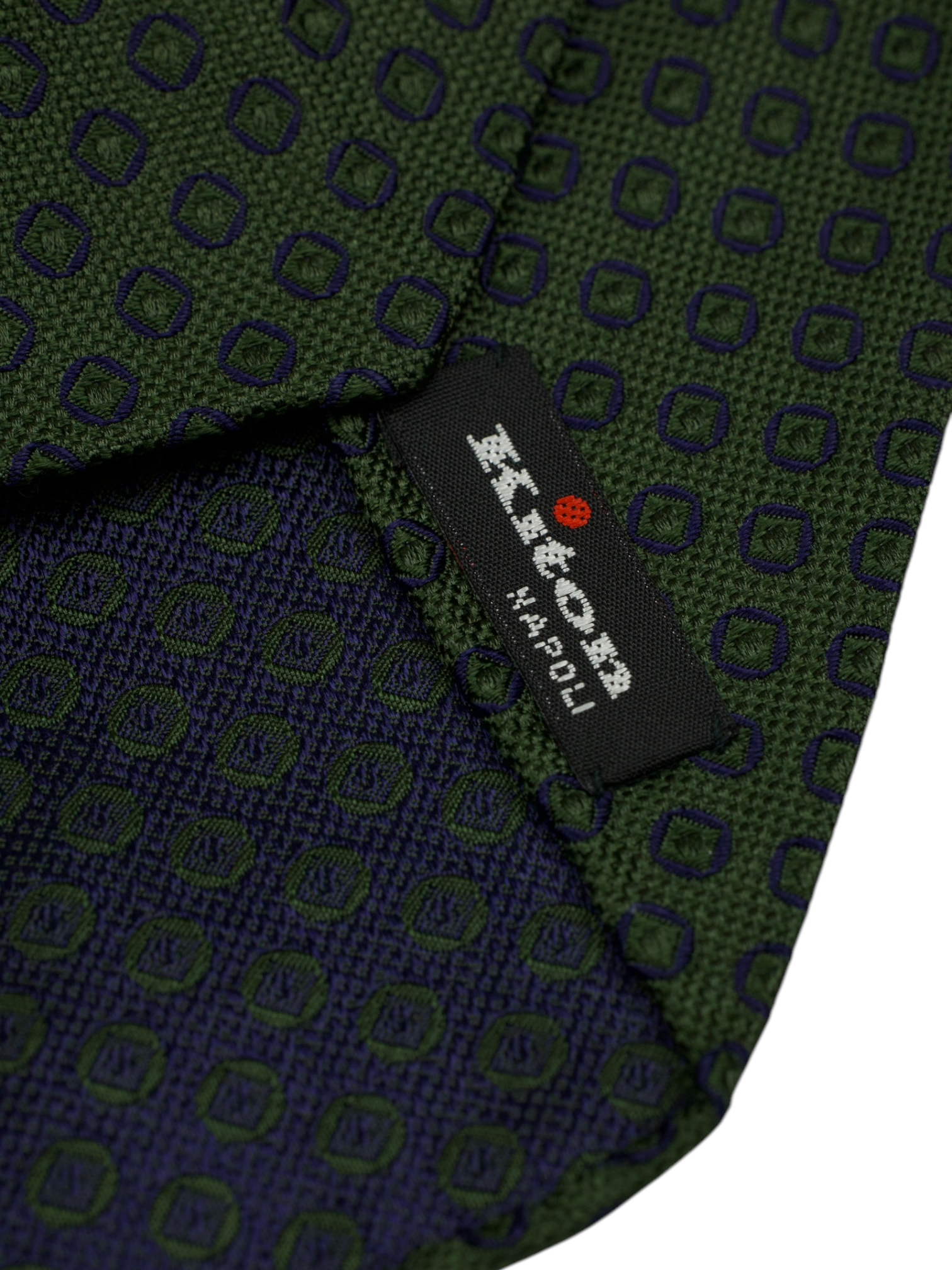 Kiton 5-Fold Forest Green & Navy Handrolled Silk Geometric Pattern Tie