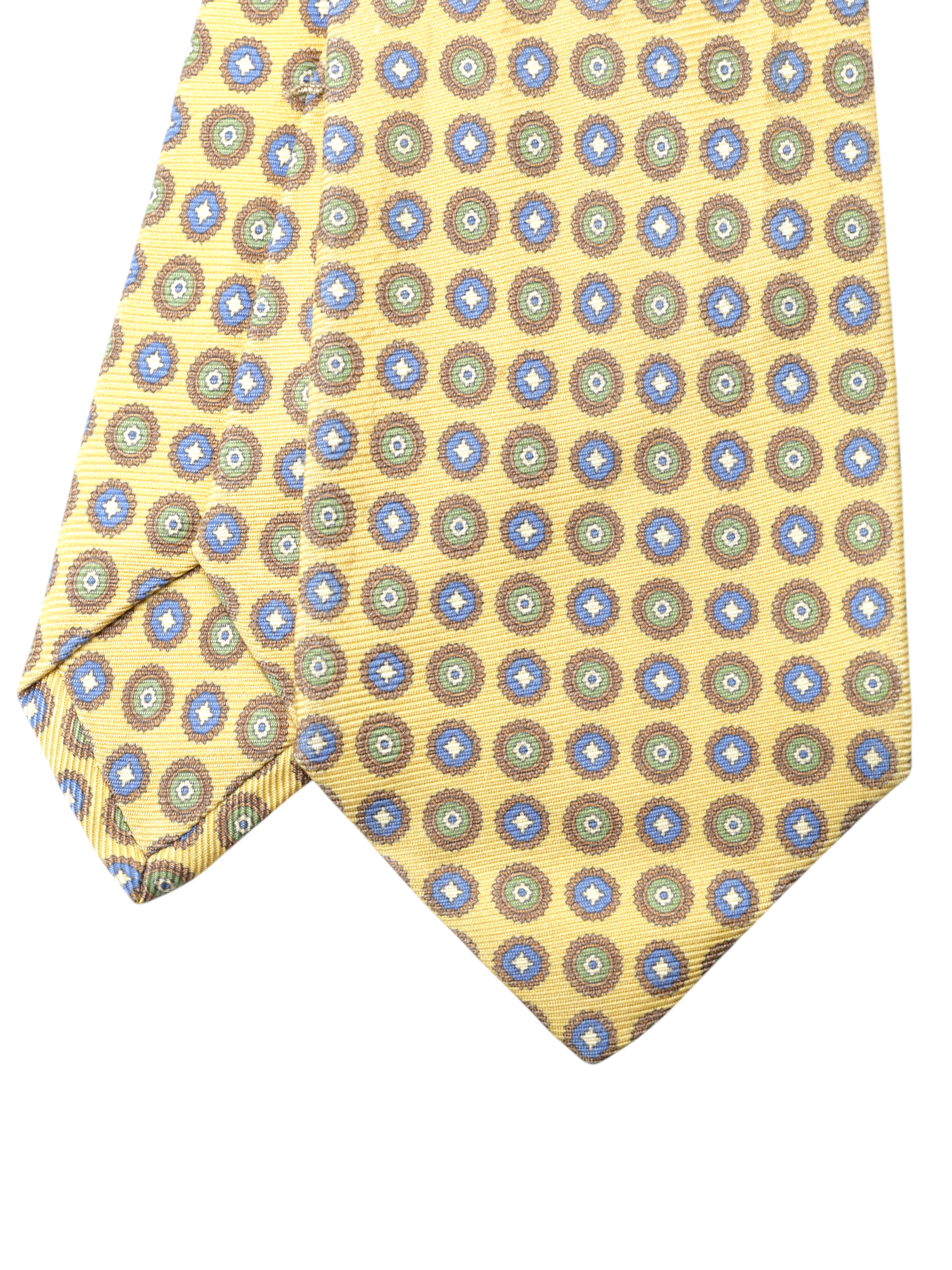 Kiton 5-Fold Sunflower Yellow & Blue Silk Vintage-Pattern Self-Tipped Tie