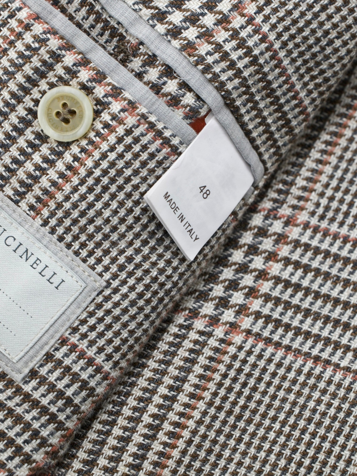 Brunello Cucinelli Brown Linen, Wool & Silk Double-Breasted Glenplaid Suit