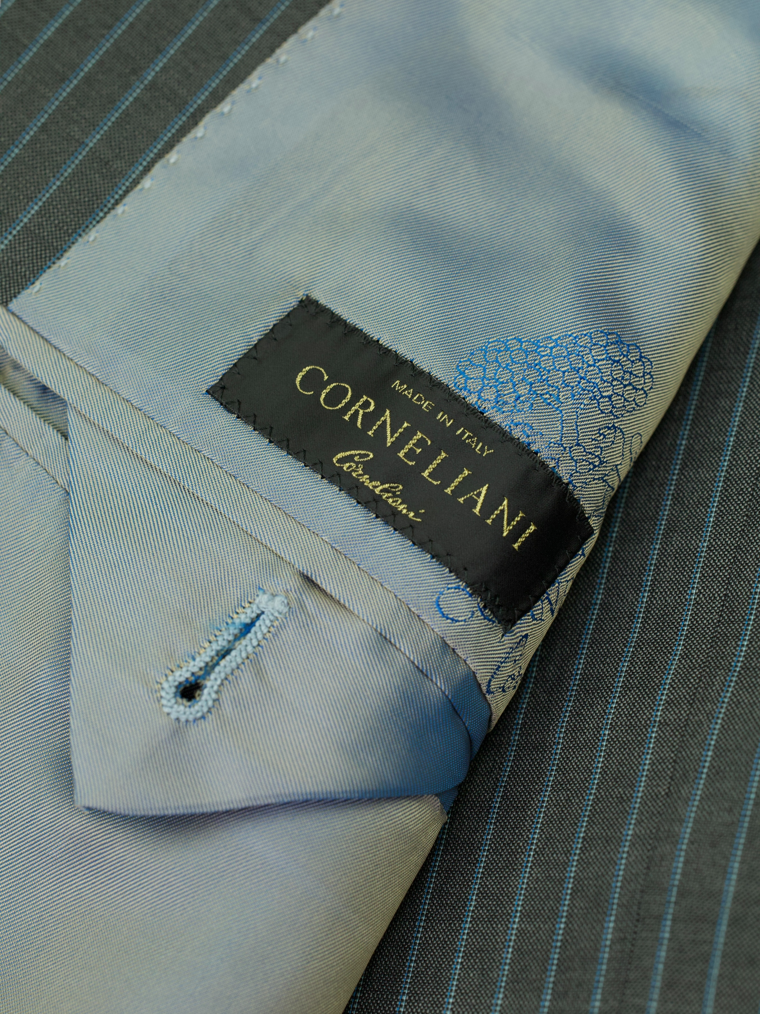 Corneliani Grey & Turquoise Wool & Mohair Pinstripe Suit