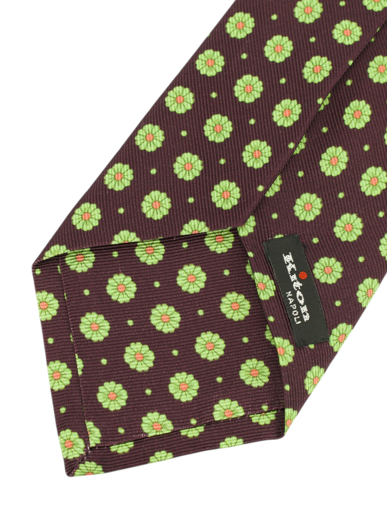 Kiton 5-Fold Burgundy & Lime Green Silk Floral Tie