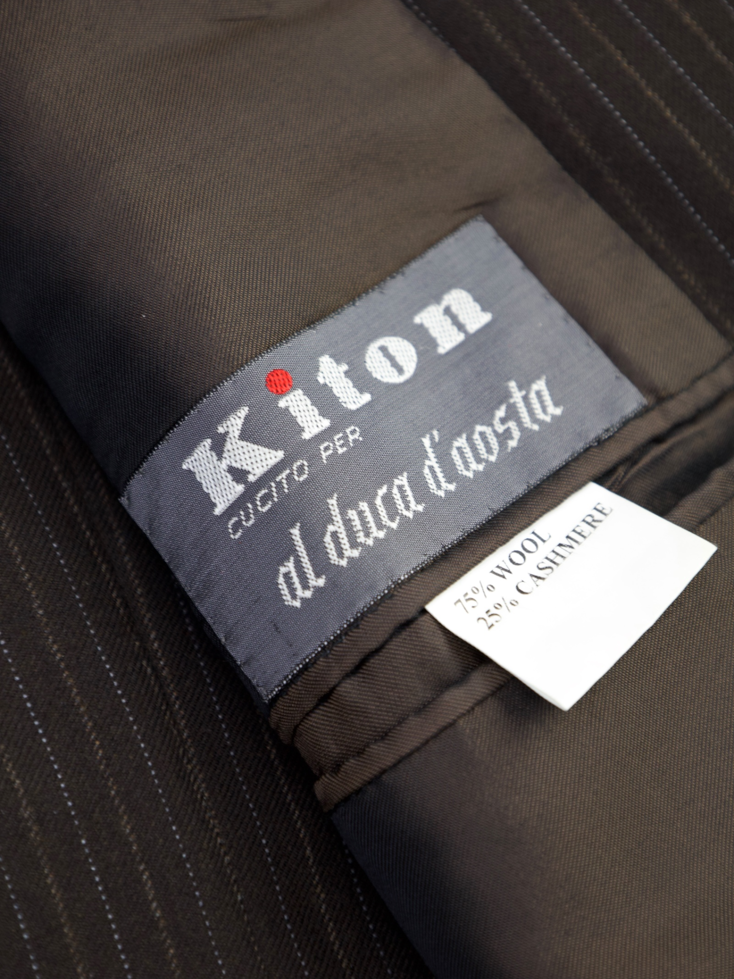 Kiton Dark Brown Brushed Wool Pinstripe Suit