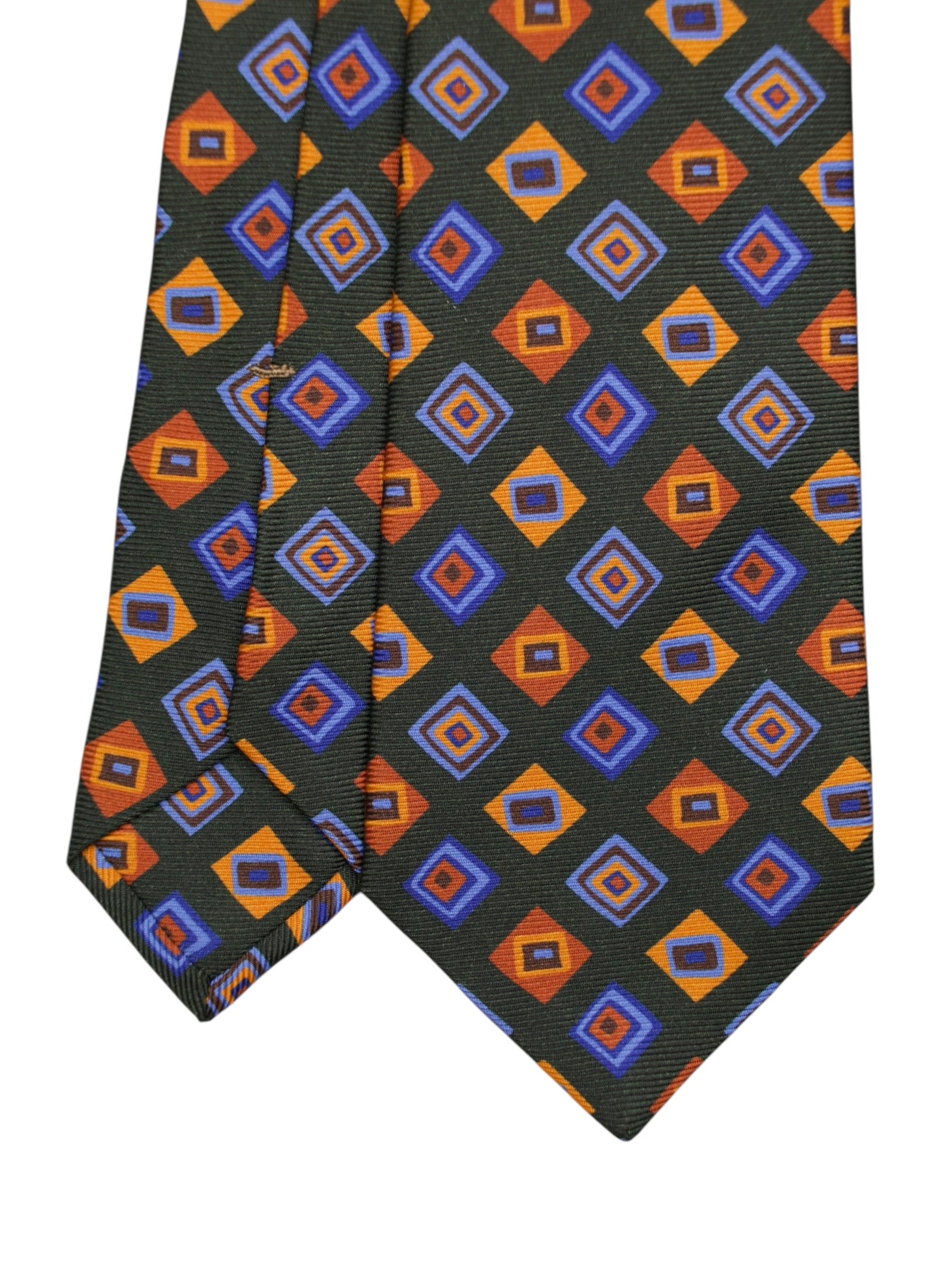 Kiton 5-Fold Forest Green & Orange Silk Vintage Geometric Pattern Tie