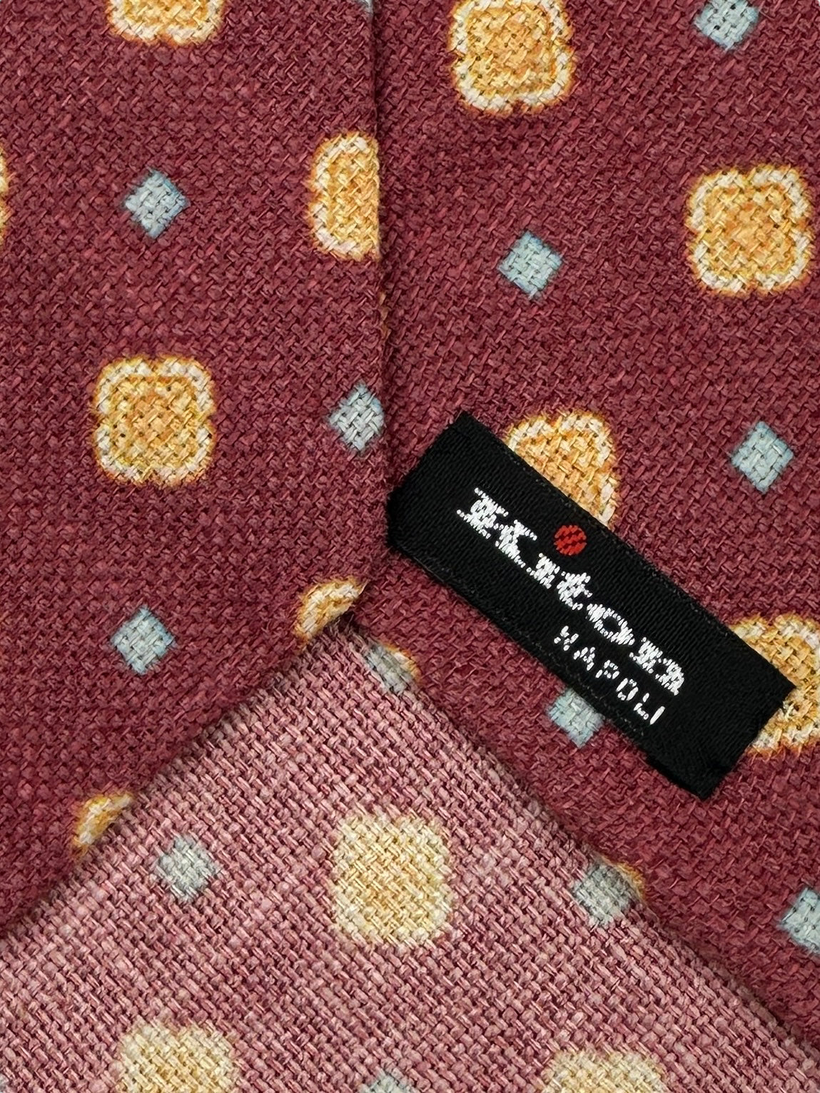 Kiton 5-Fold Red Floral Untipped Linen, Silk and Cashmere Tie
