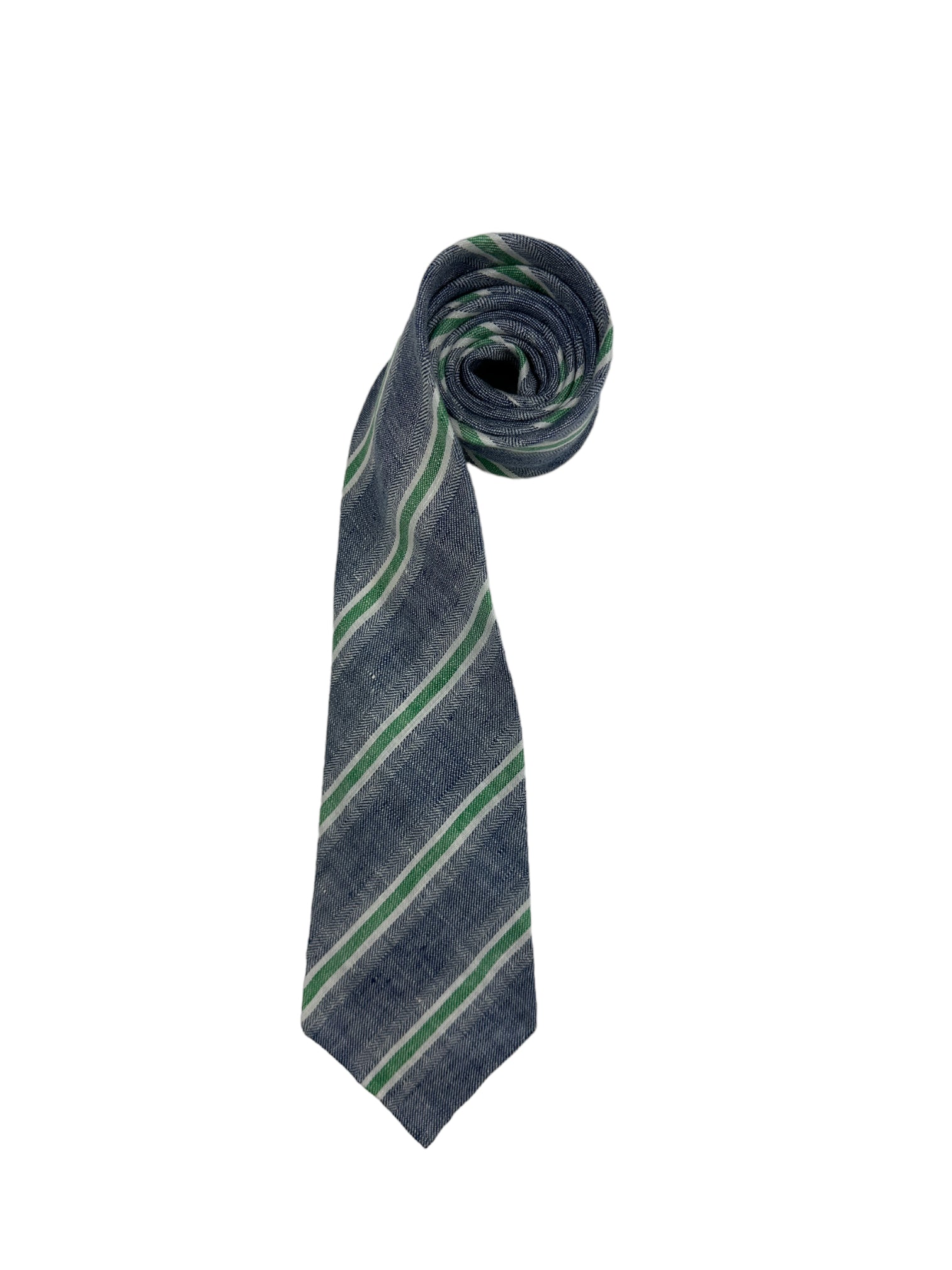 Kiton 5-Fold Denim Blue and Green Stiped, Untipped Linen Tie
