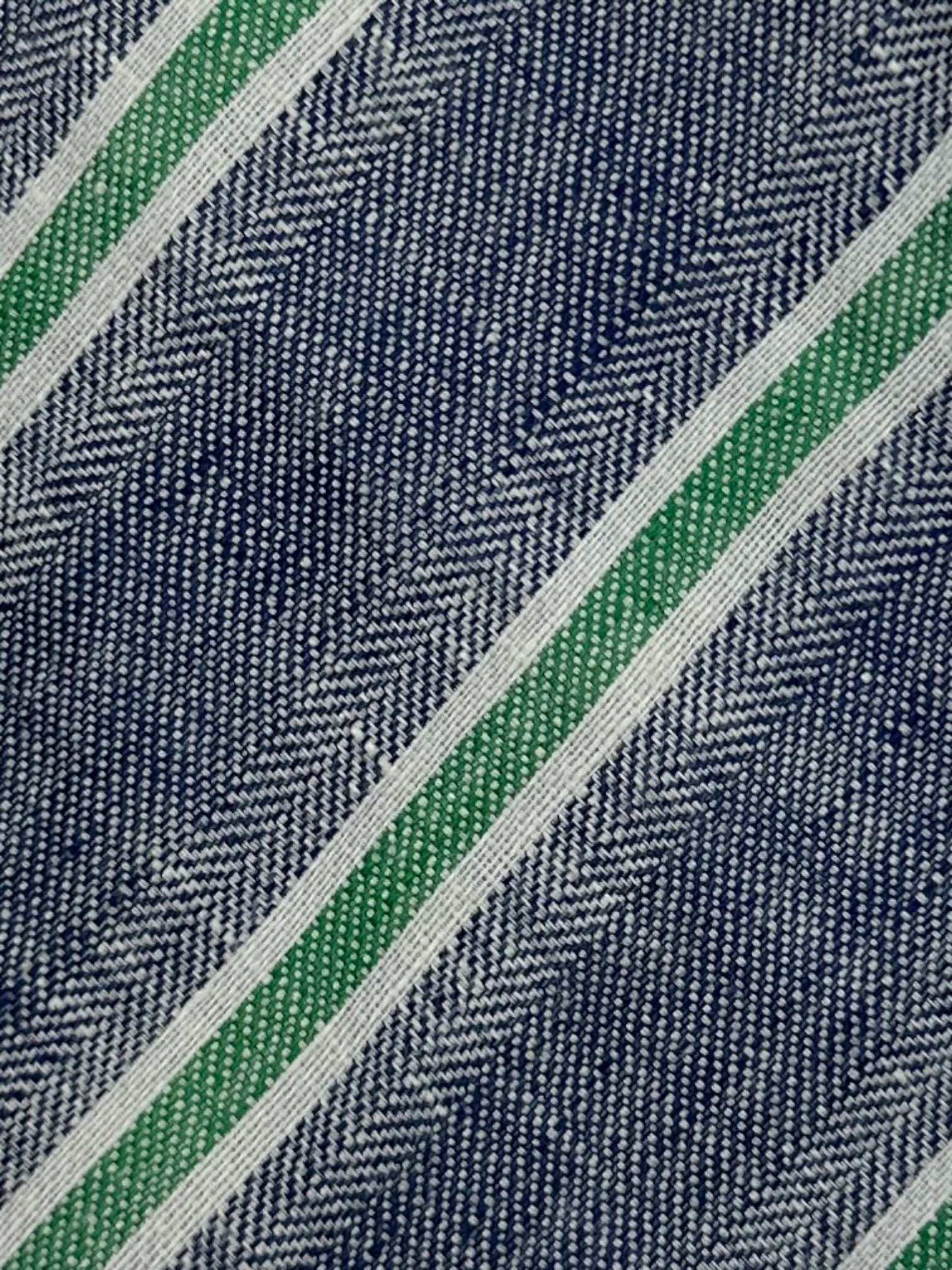 Kiton 5-Fold Denim Blue and Green Stiped, Untipped Linen Tie