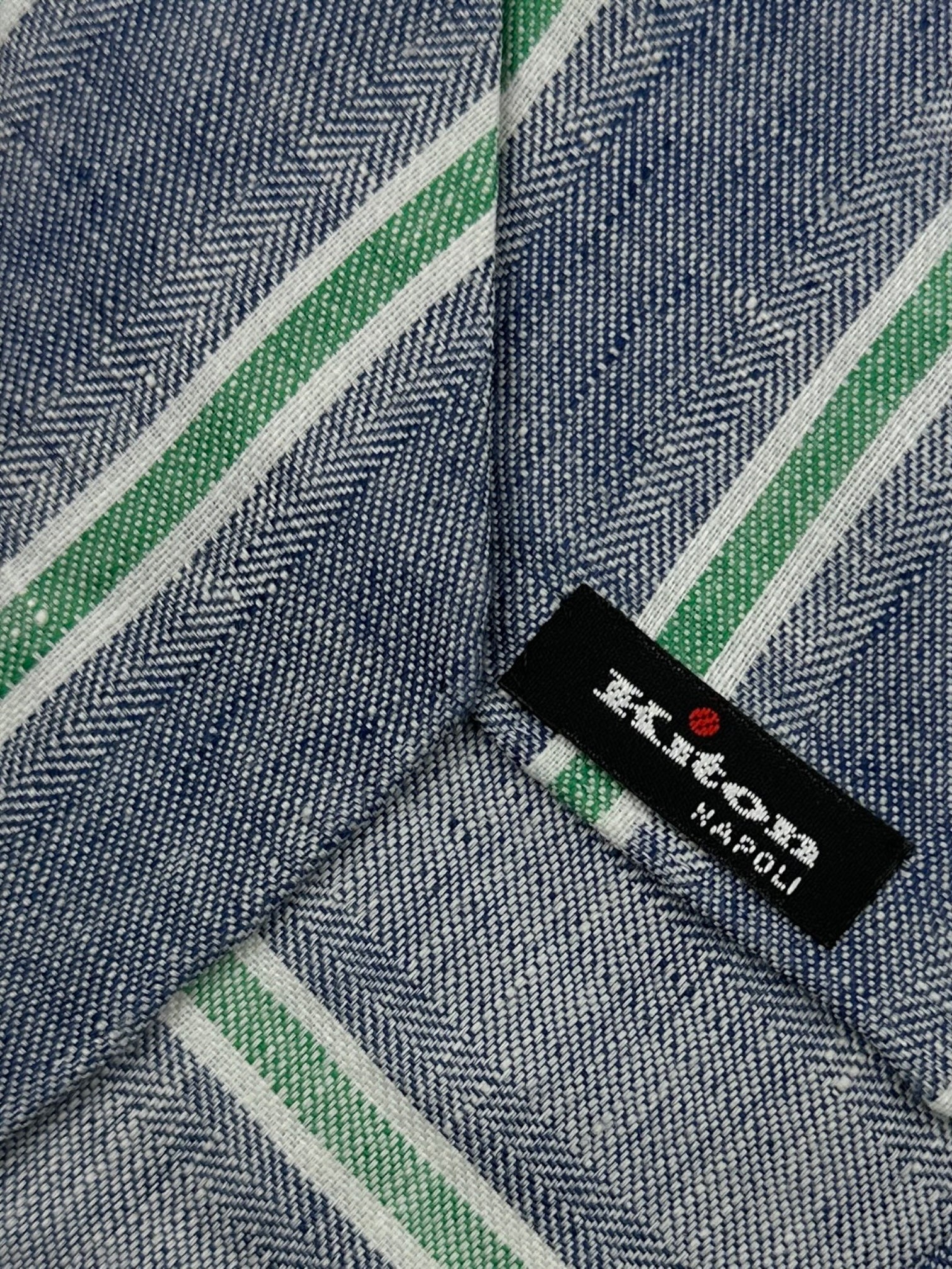 Kiton 5-Fold Denim Blue and Green Stiped, Untipped Linen Tie
