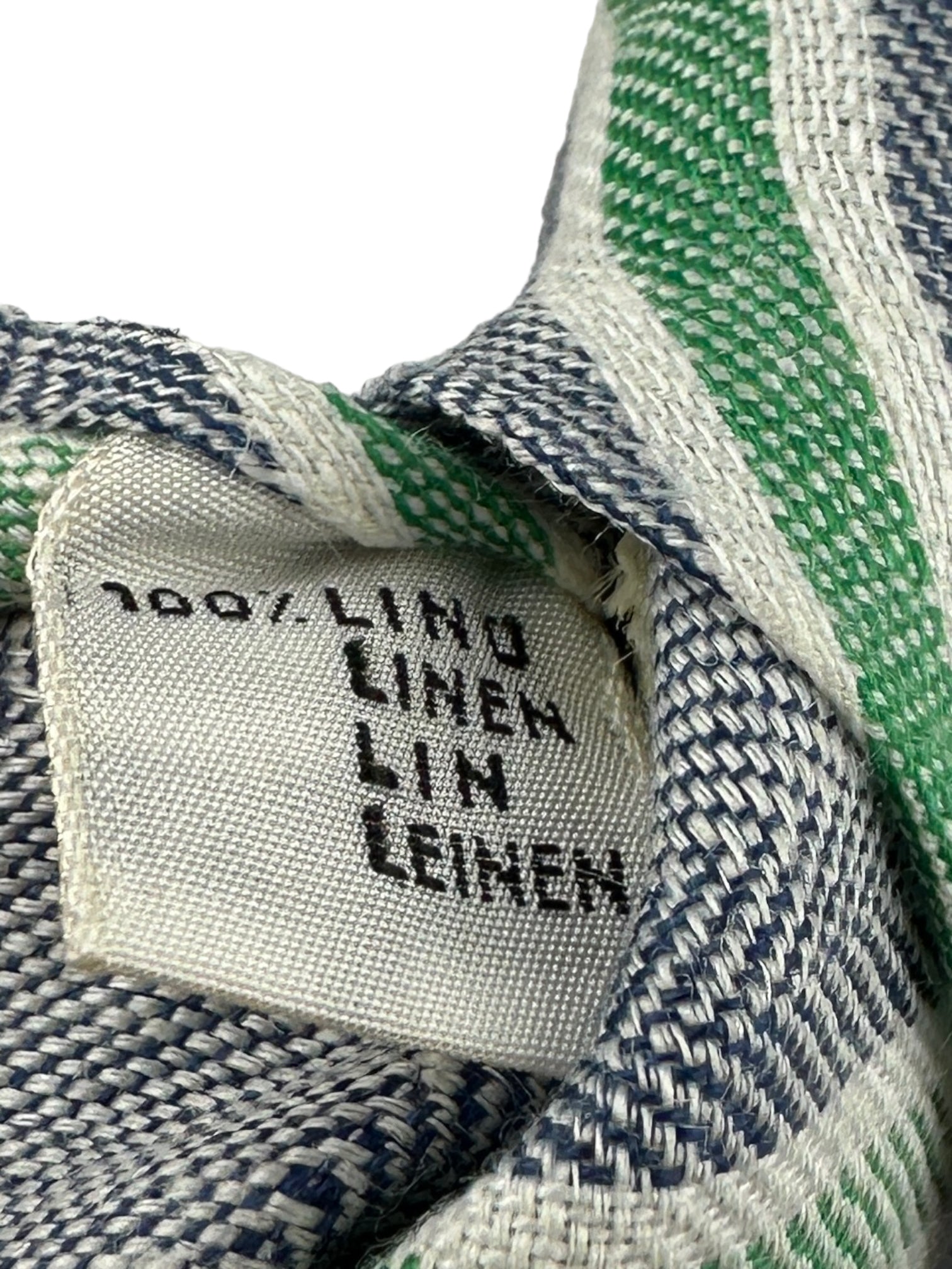 Kiton 5-Fold Denim Blue and Green Stiped, Untipped Linen Tie