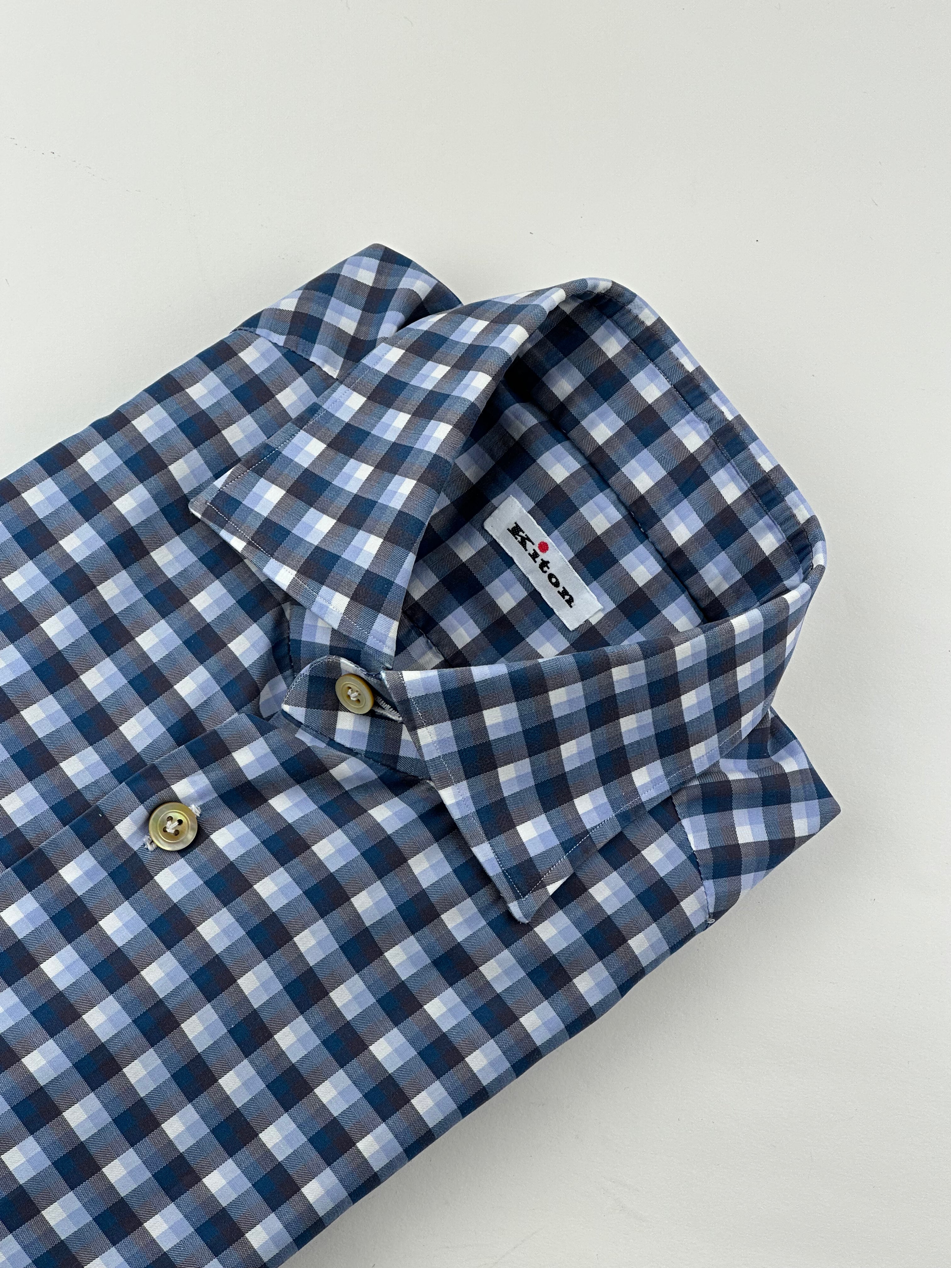 Kiton turkoois en grijs geruit overhemd