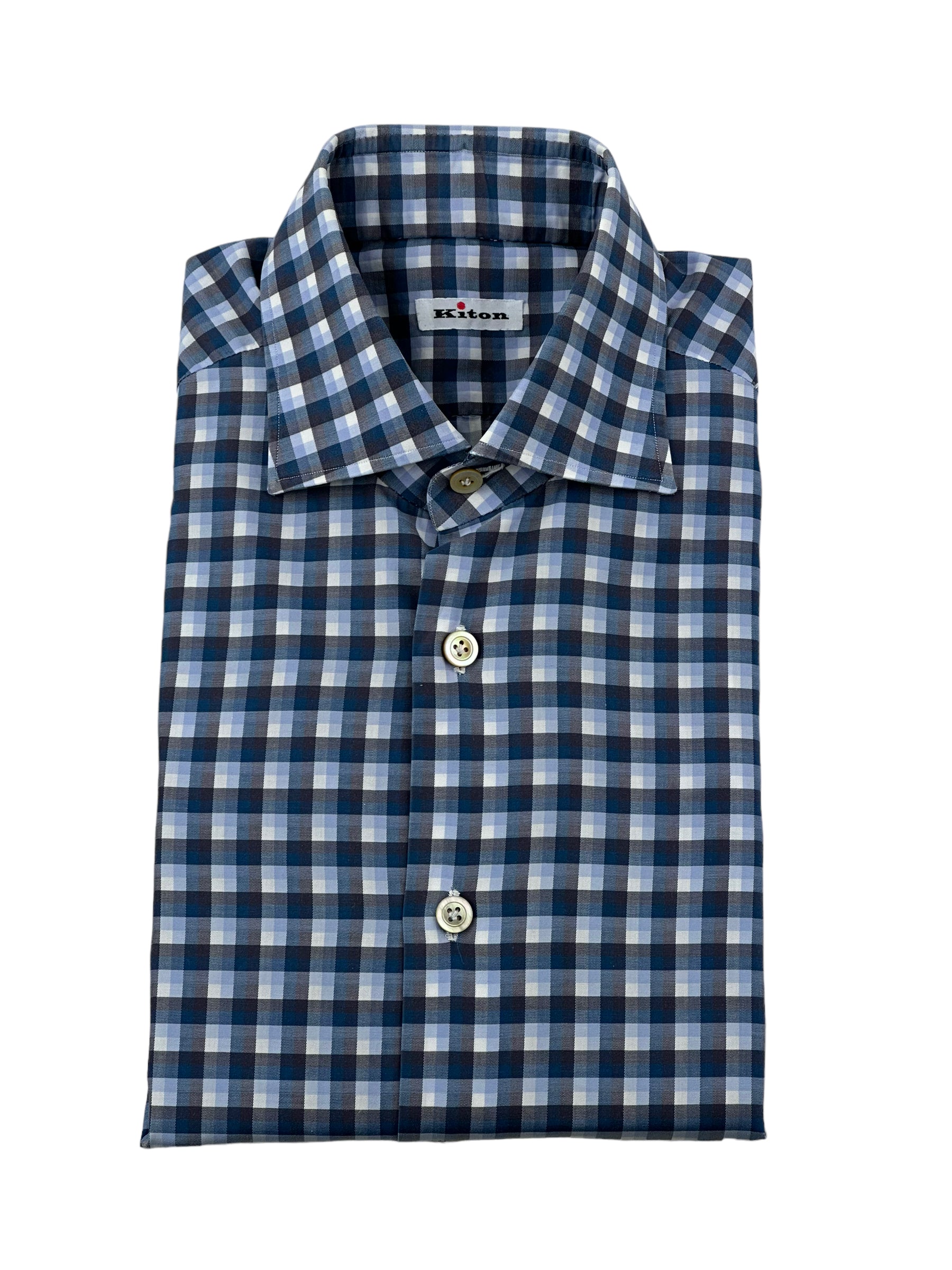 Kiton turkoois en grijs geruit overhemd