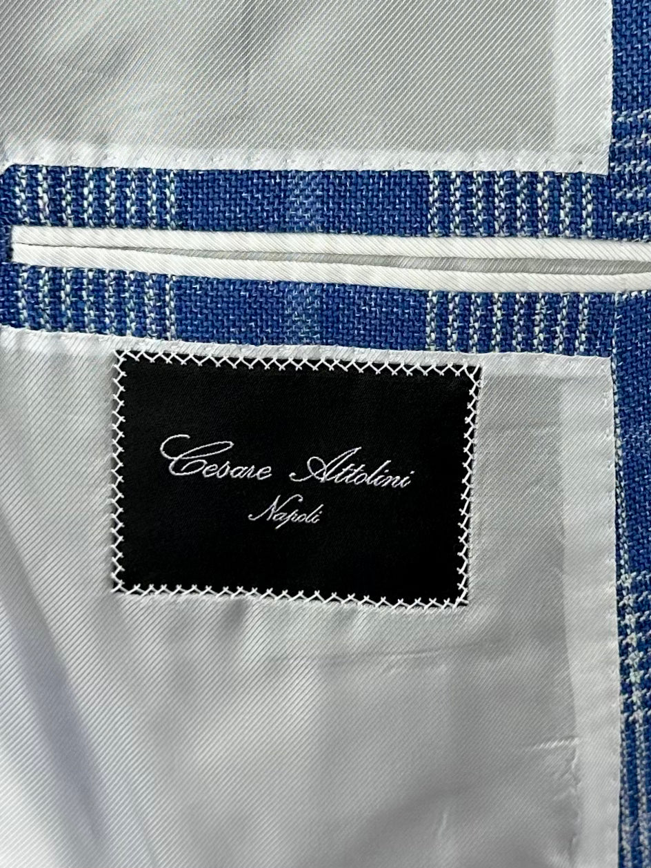 Cesare Attolini Azure Blue Silk, Wool, Linen & Cotton Check Jacket