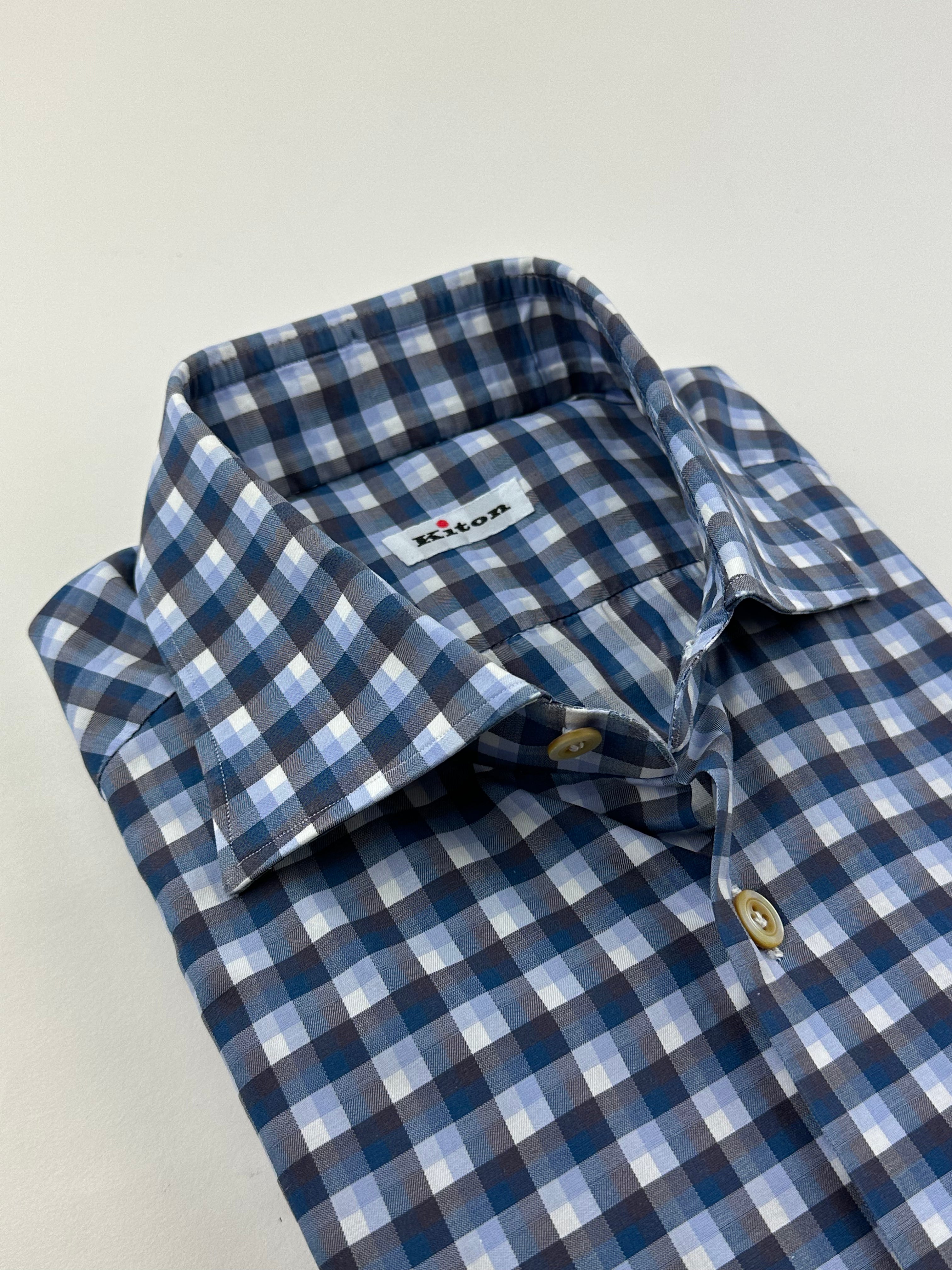 Kiton turkoois en grijs geruit overhemd