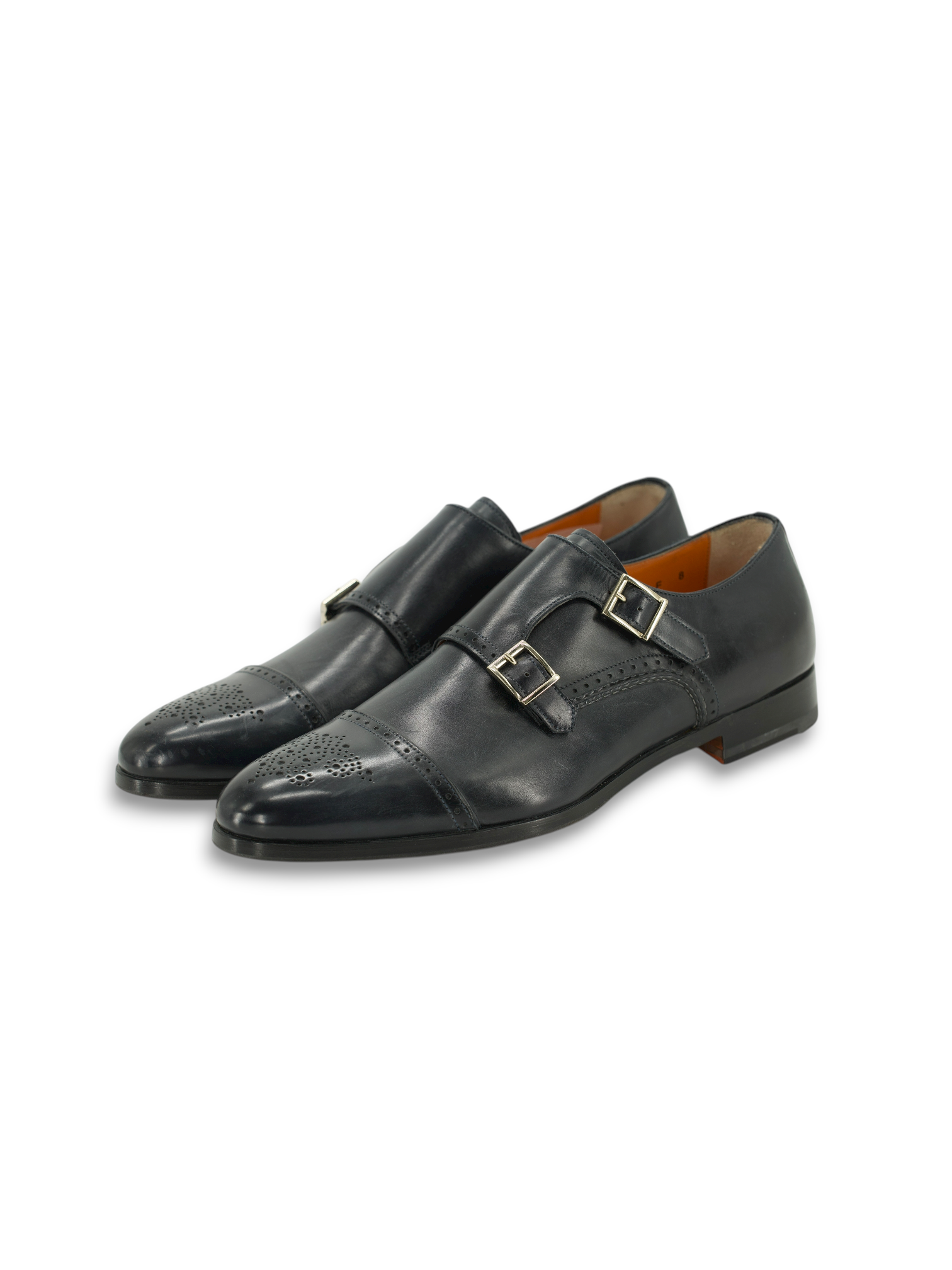 Santoni Black Calfleather Perforated-Captoe Double Monk Shoes