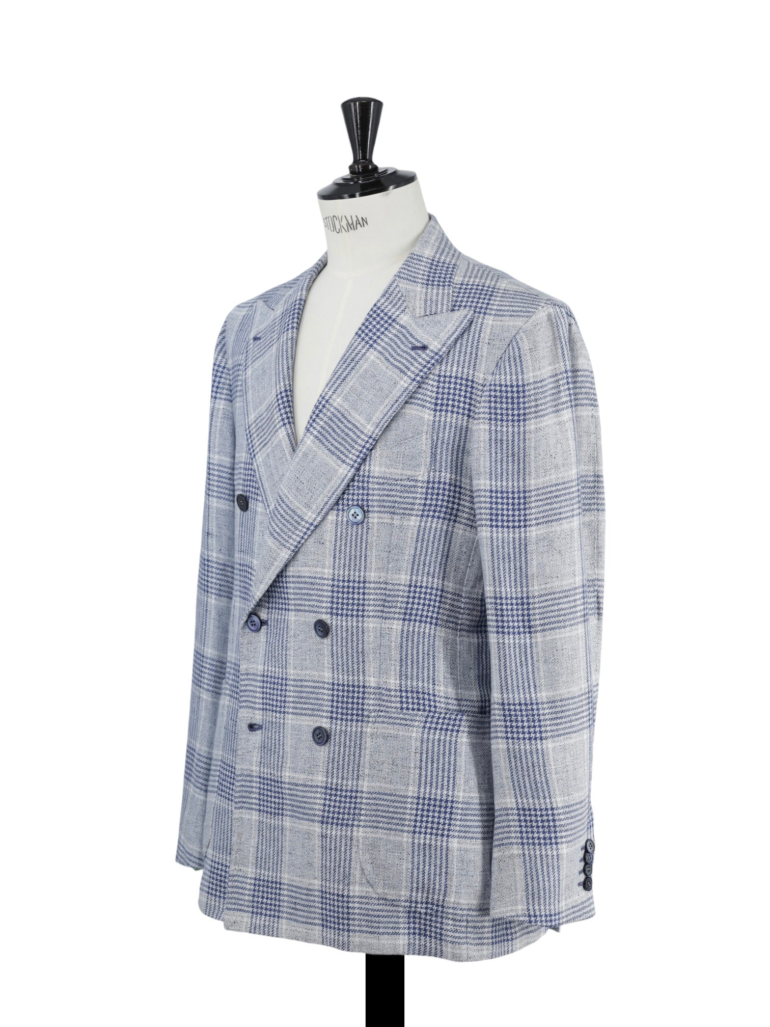 Orazio Luciano Steel & Denim Blue Double-Breasted Linen Glenplaid Jacket