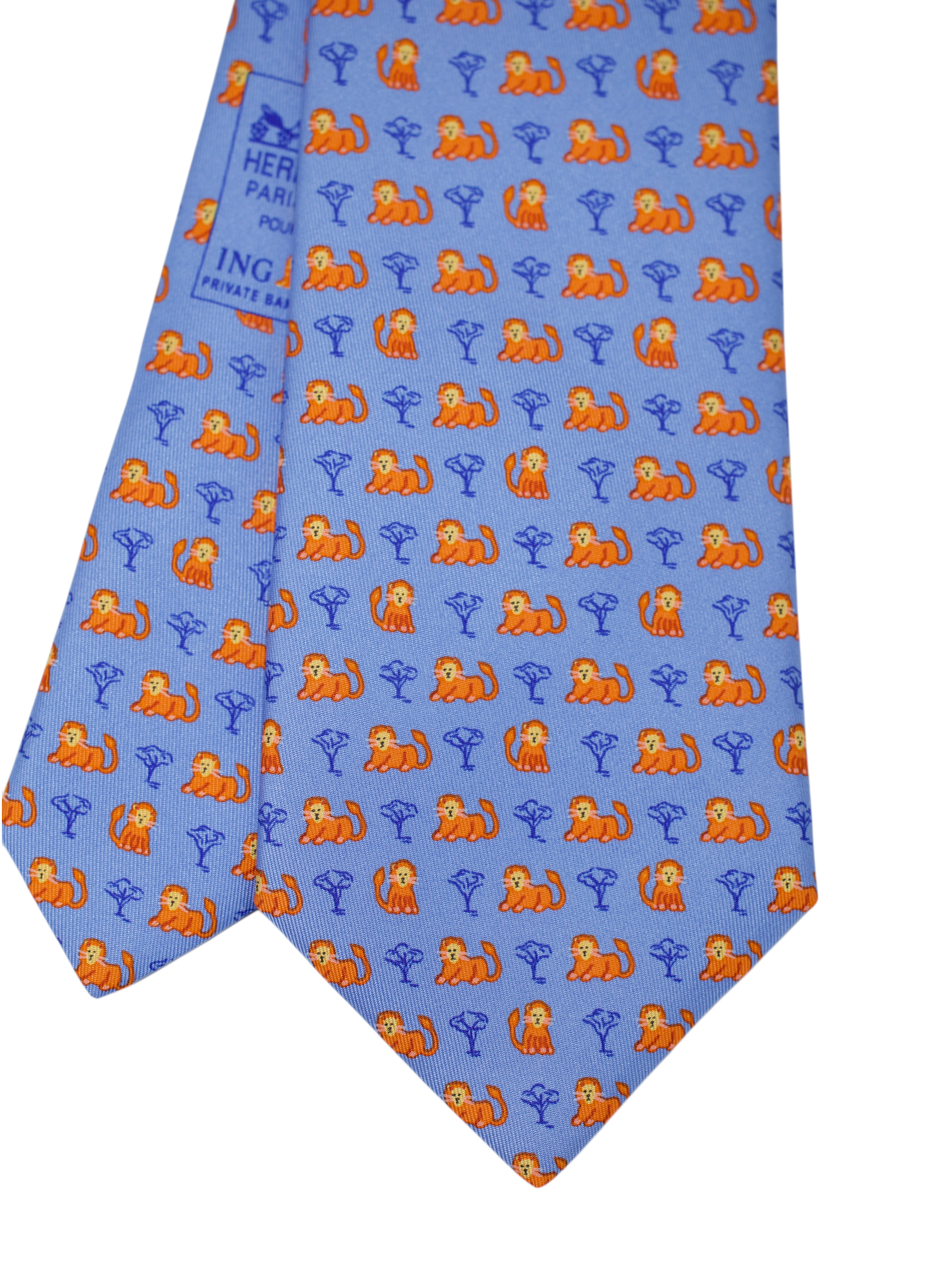 Hermès x ING Private-Banking Light Blue & Orange Lion-Pattern Tie