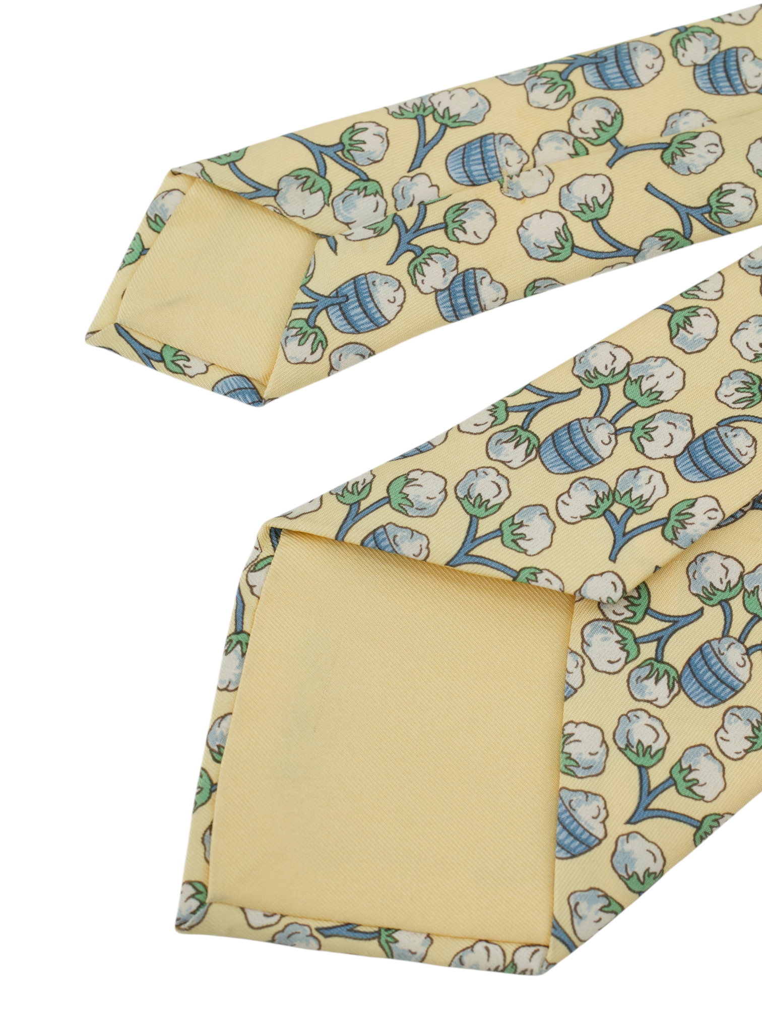 Hermès Beige & Blue Silk Cotton Plant-Motif Tie