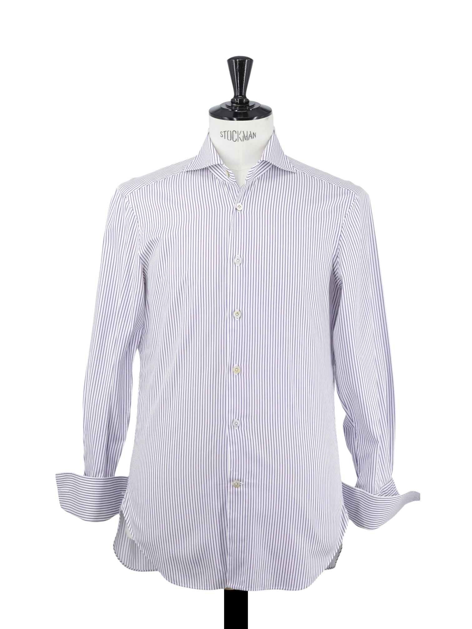 Kiton White & Purple Cotton Pinstripe French-Cuff Shirt