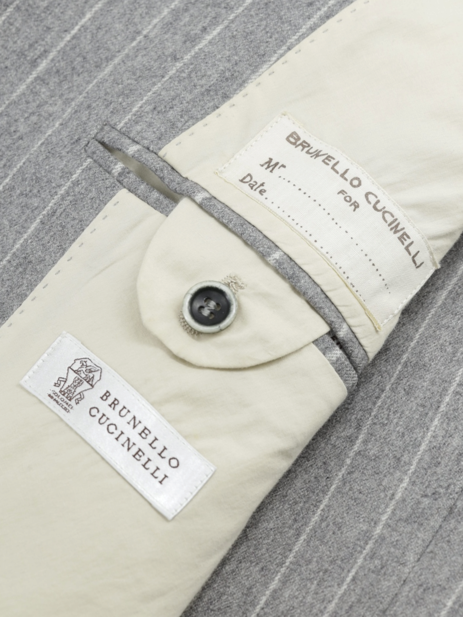 Brunello Cucinelli Grey Wool & Cashmere Elbow-Patch Pinstripe Jacket