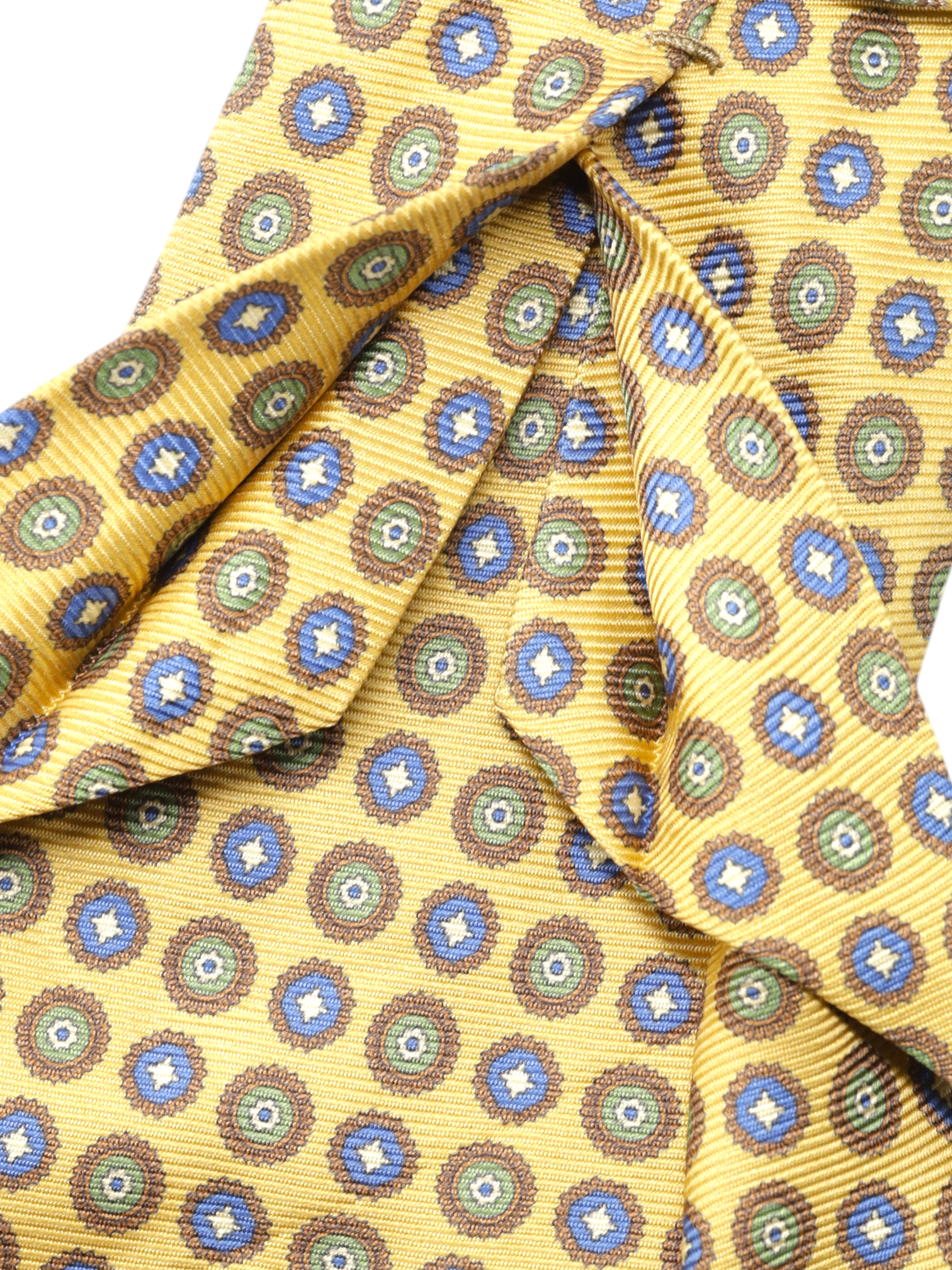 Kiton 5-Fold Sunflower Yellow & Blue Silk Vintage-Pattern Self-Tipped Tie