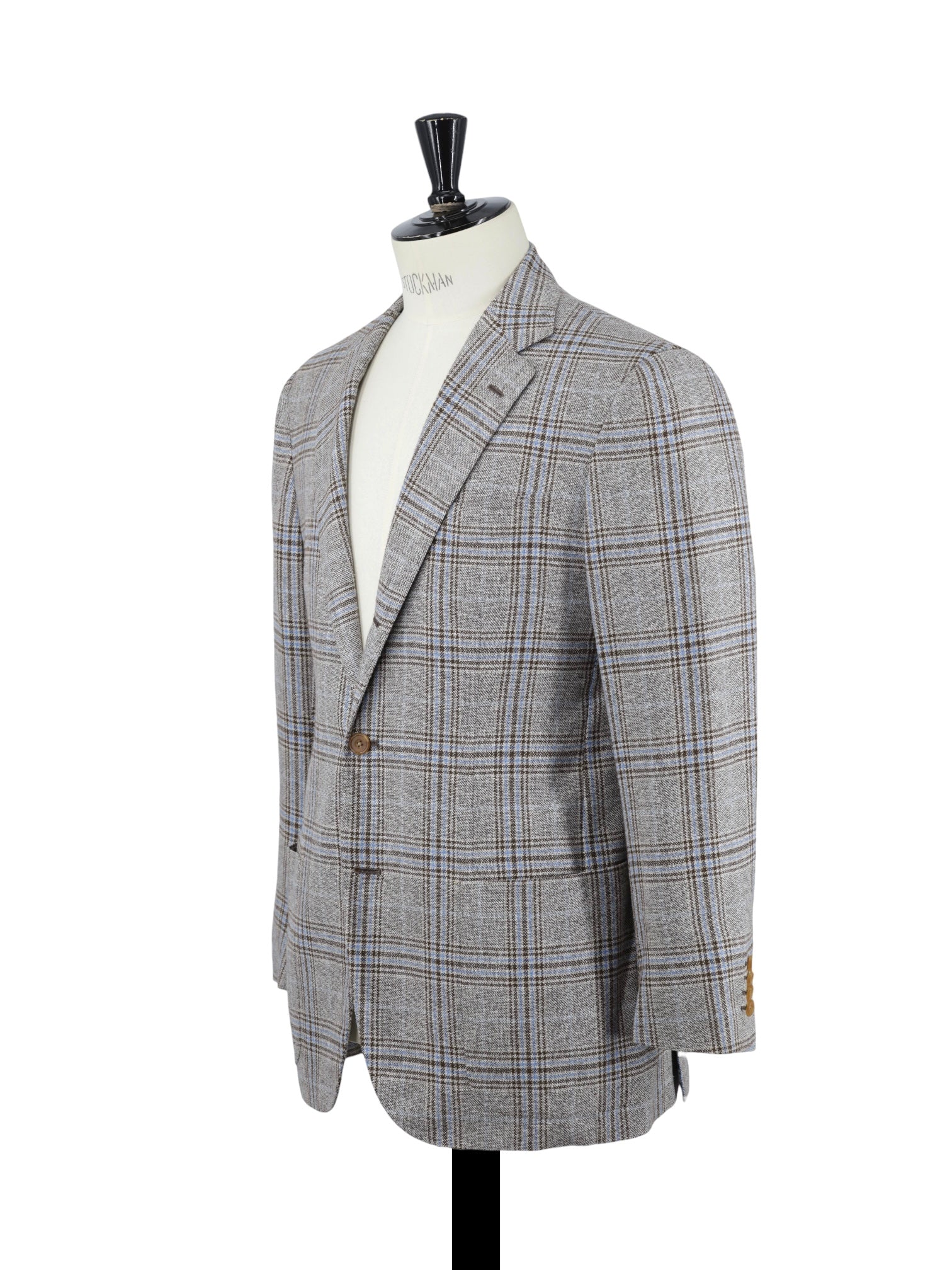 Kiton Taupe & Light Blue Silk, Cashmere, Wool & Linen Checkered Jacket