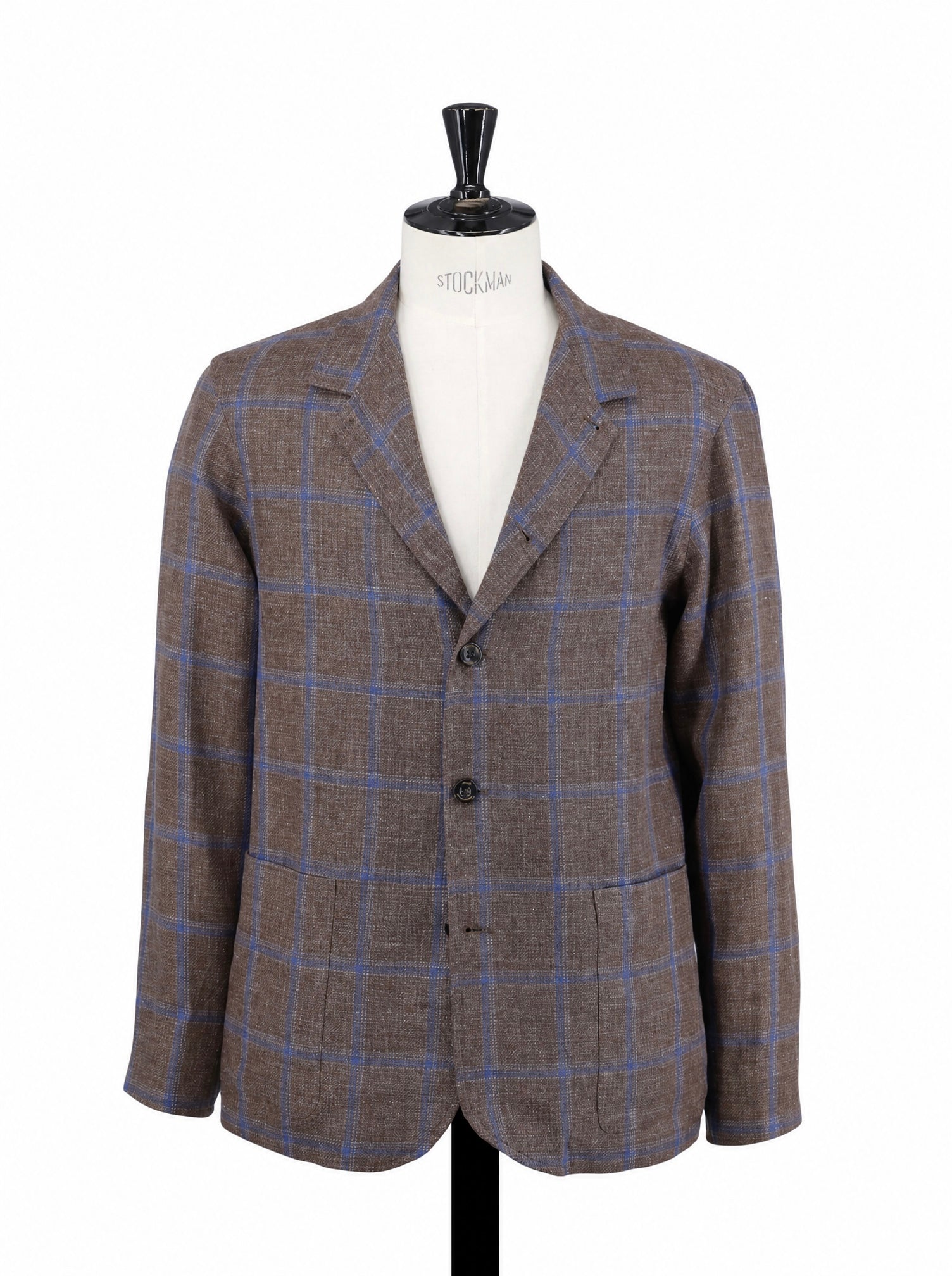 Finamore Brown & Blue Wool & Linen Checkered Shirt Jacket