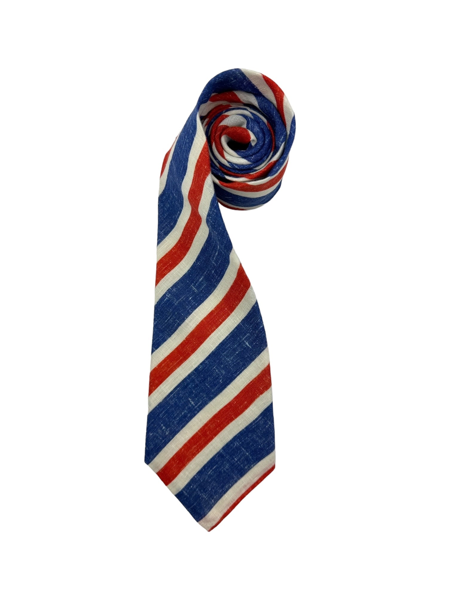 Kiton 7-Fold Blue and Red Club Stripe Linen Tie