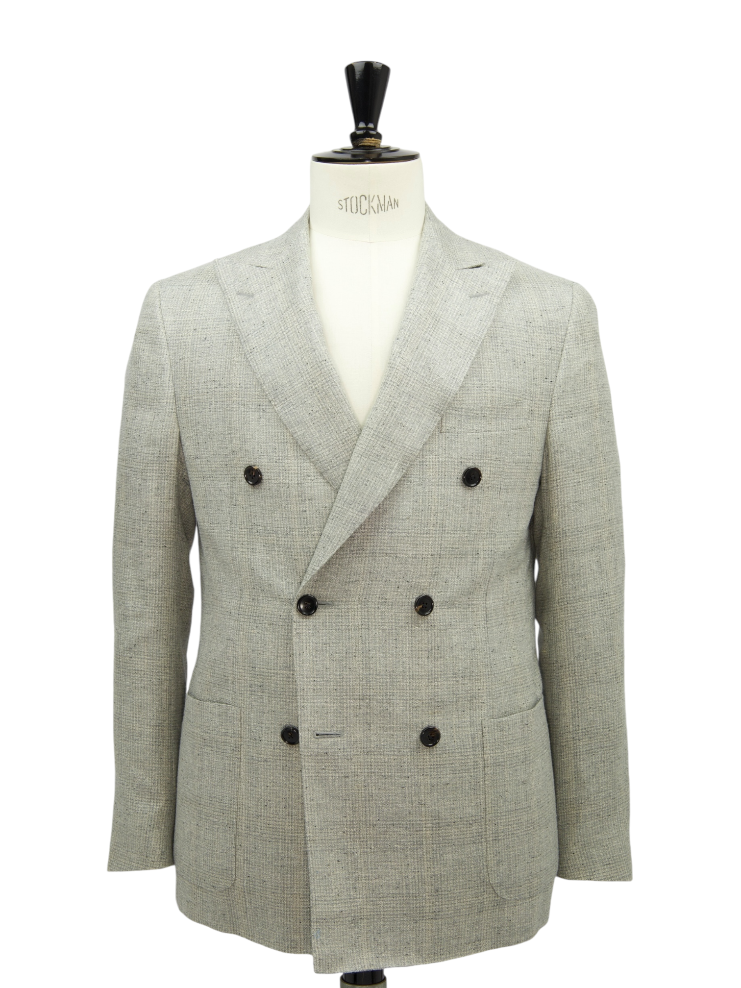 Corneliani Light Grey Double Breasted Silk, Linen & Wool Micro-Pattern Jacket