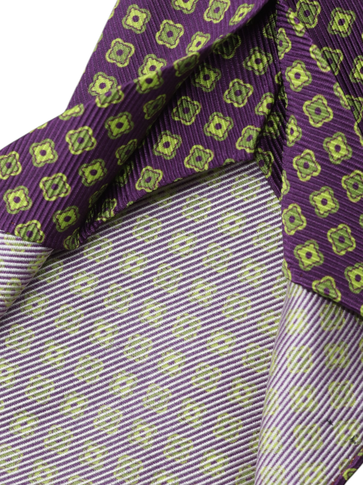 Kiton 5-Fold Purple & Lime Green Silk Floral Untipped & Handrolled Tie