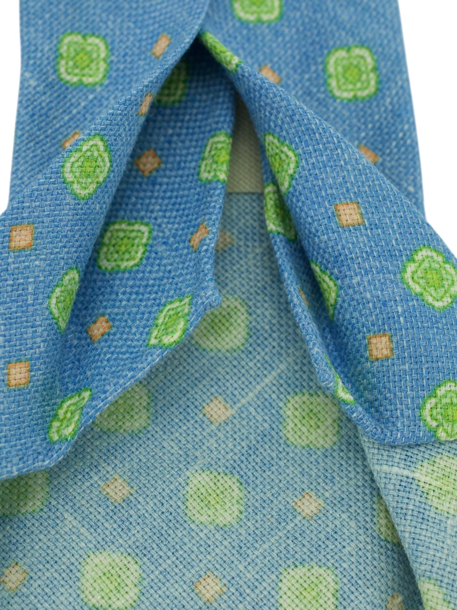 Kiton 5-Fold Light Blue & Green Linen, Silk & Cashmere Floral Tie