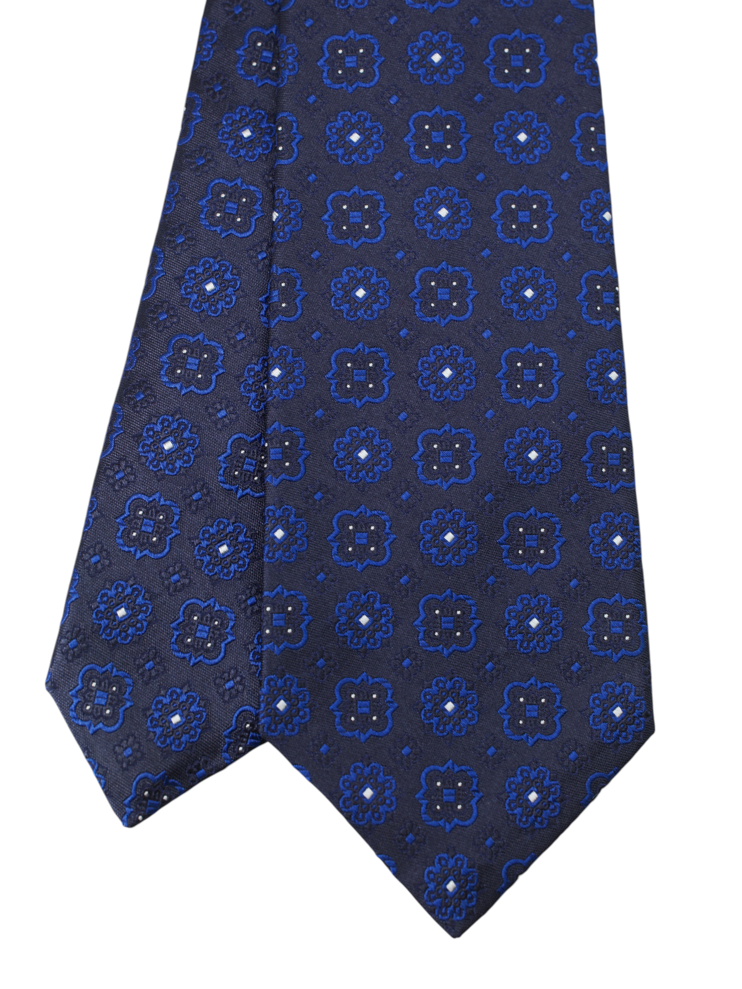 Kiton 5-Fold Navy & Azure Blue Silk Floral-Medaillon Tie