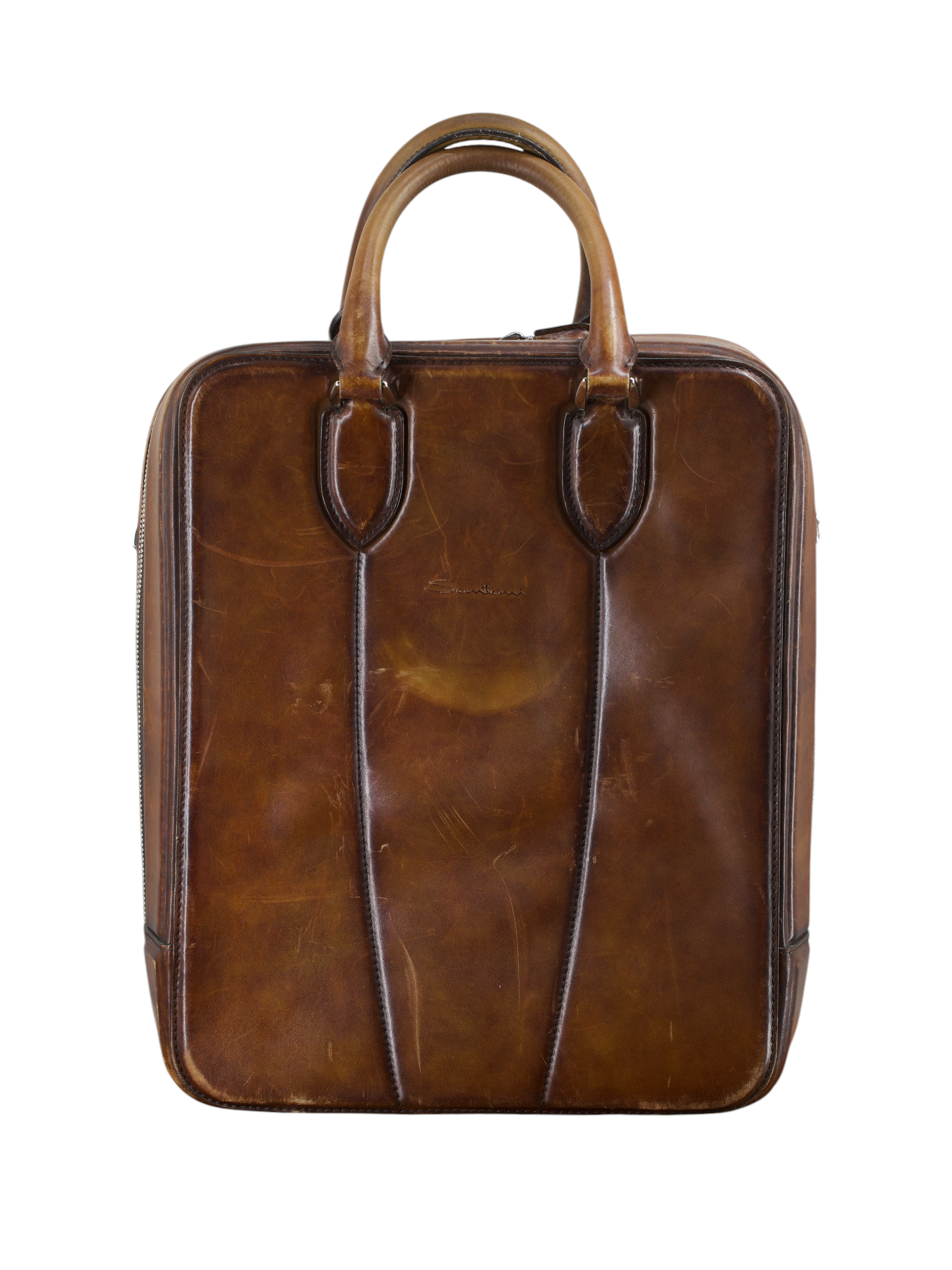 Santoni Cognac Brown Patina-Leather Business Tote-Bag