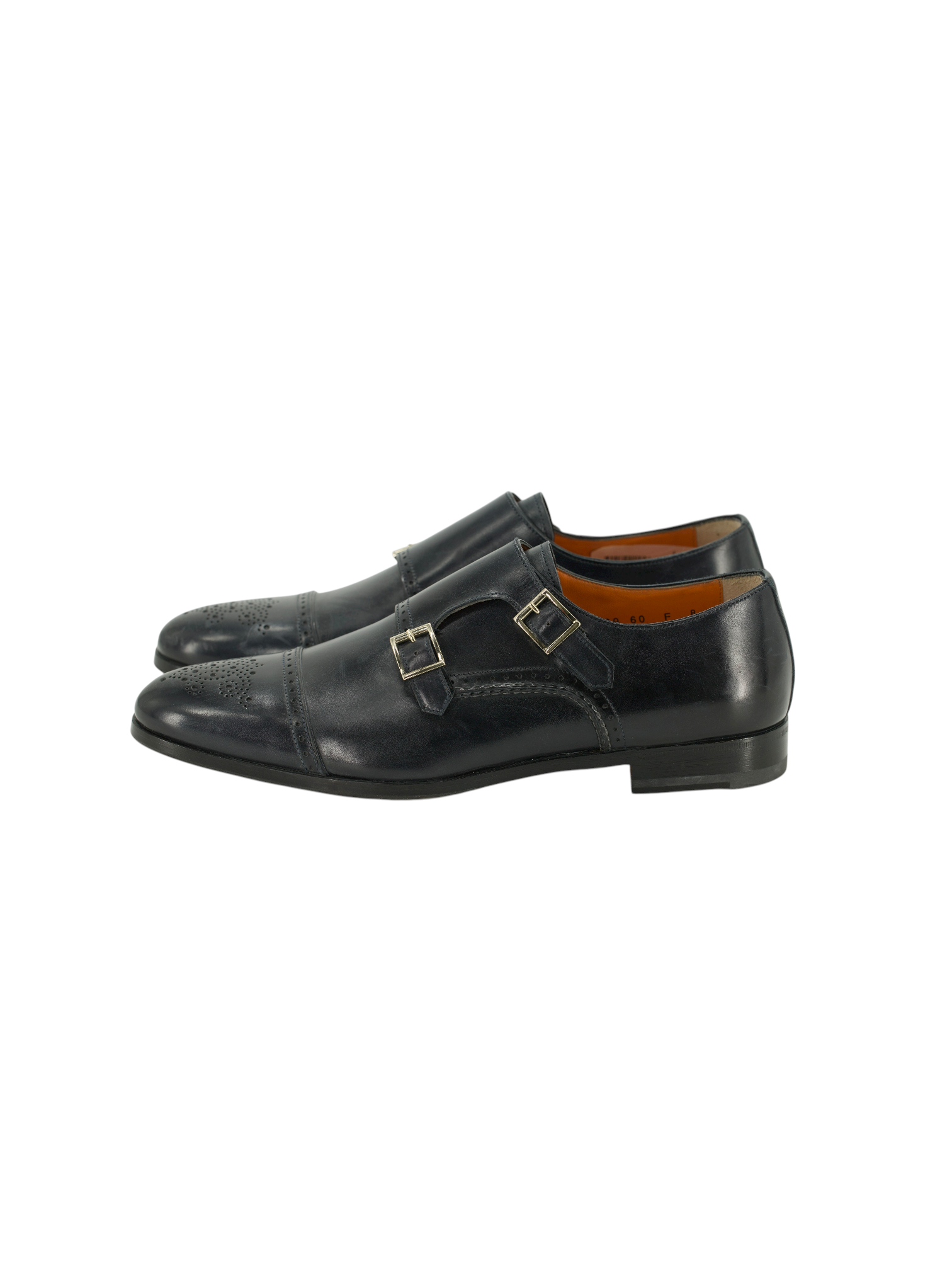 Santoni Black Calfleather Perforated-Captoe Double Monk Shoes