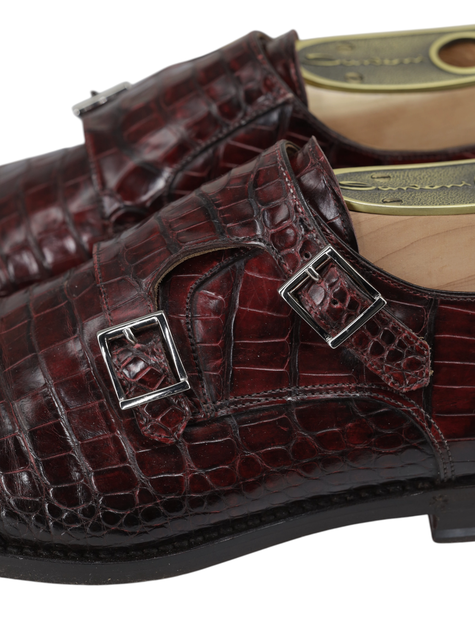 Santoni Burgundy Mississippi-Alligator Double Monk + Belt