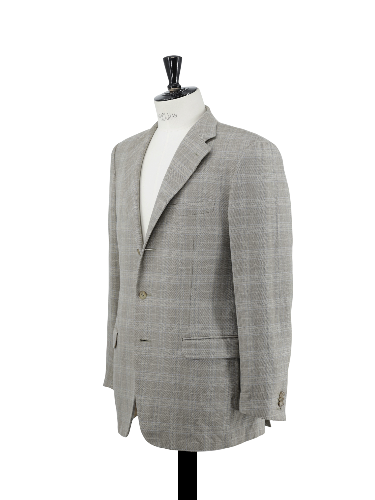 Corneliani Taupe & Light Blue Wool, Silk & Linen Checkered Jacket