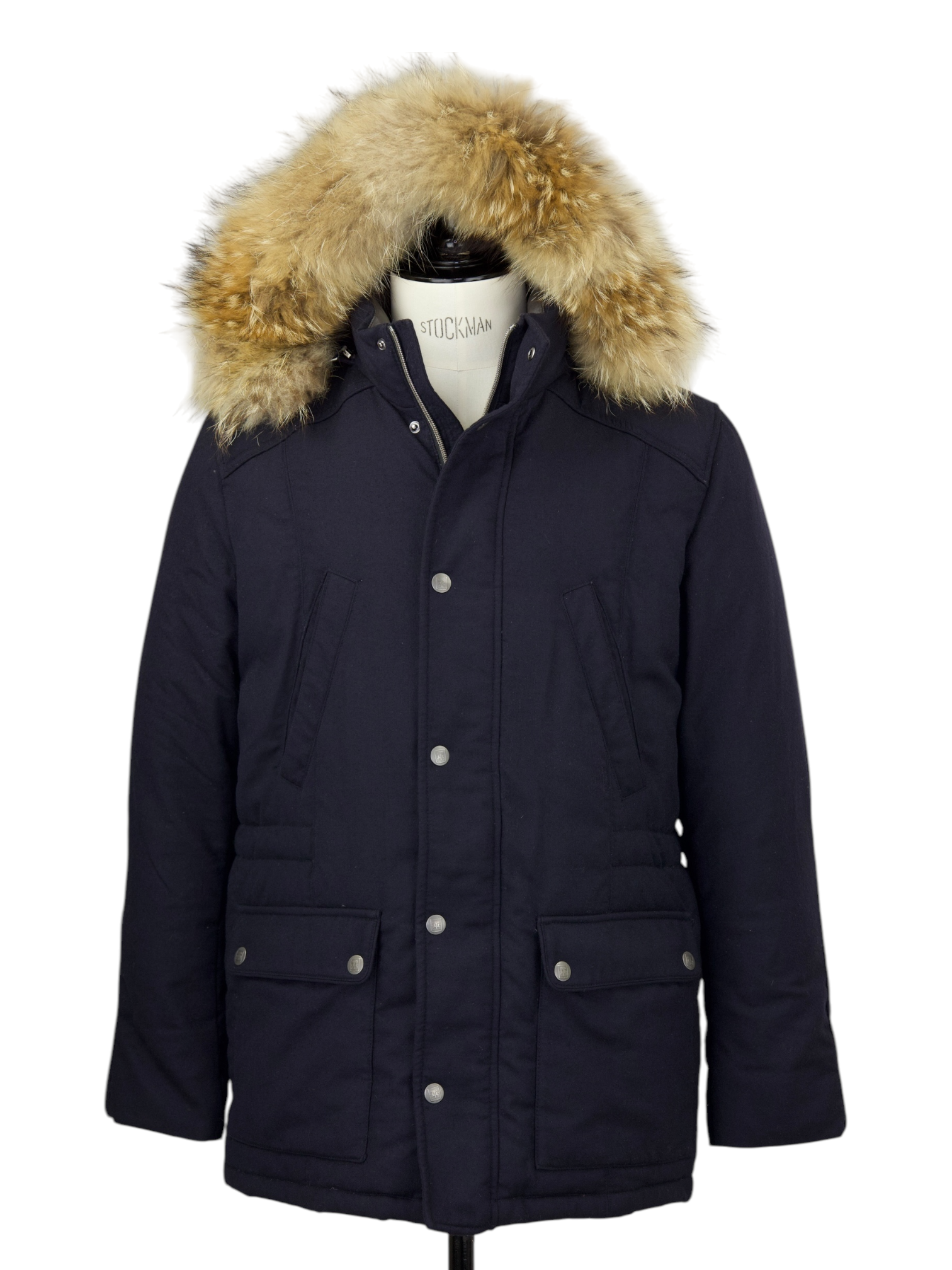 Corneliani ID Navy Wool Goose-Down Padded Parka + Coyote Fur Collar