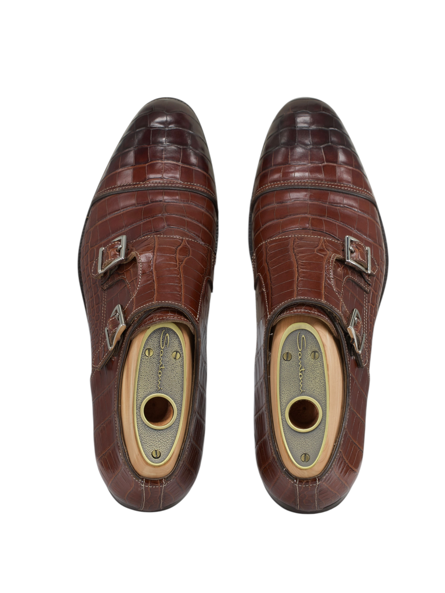 Santoni Castagne Brown Mississippi-Alligator Double Monk + Belt