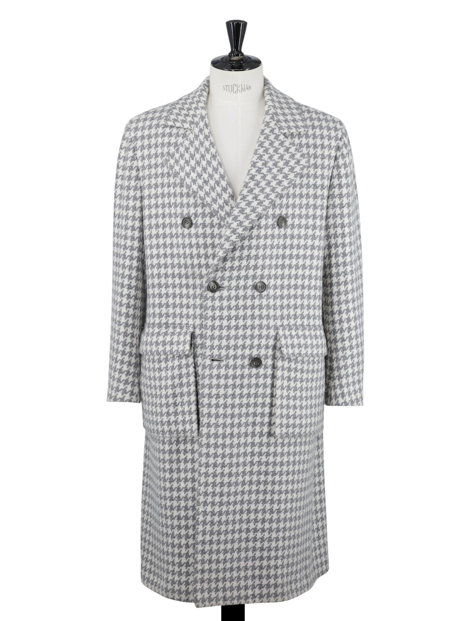 Kiton Light Grey & Offwhite Pure Cashmere Jaquard-Weave Houndstooth Overcoat