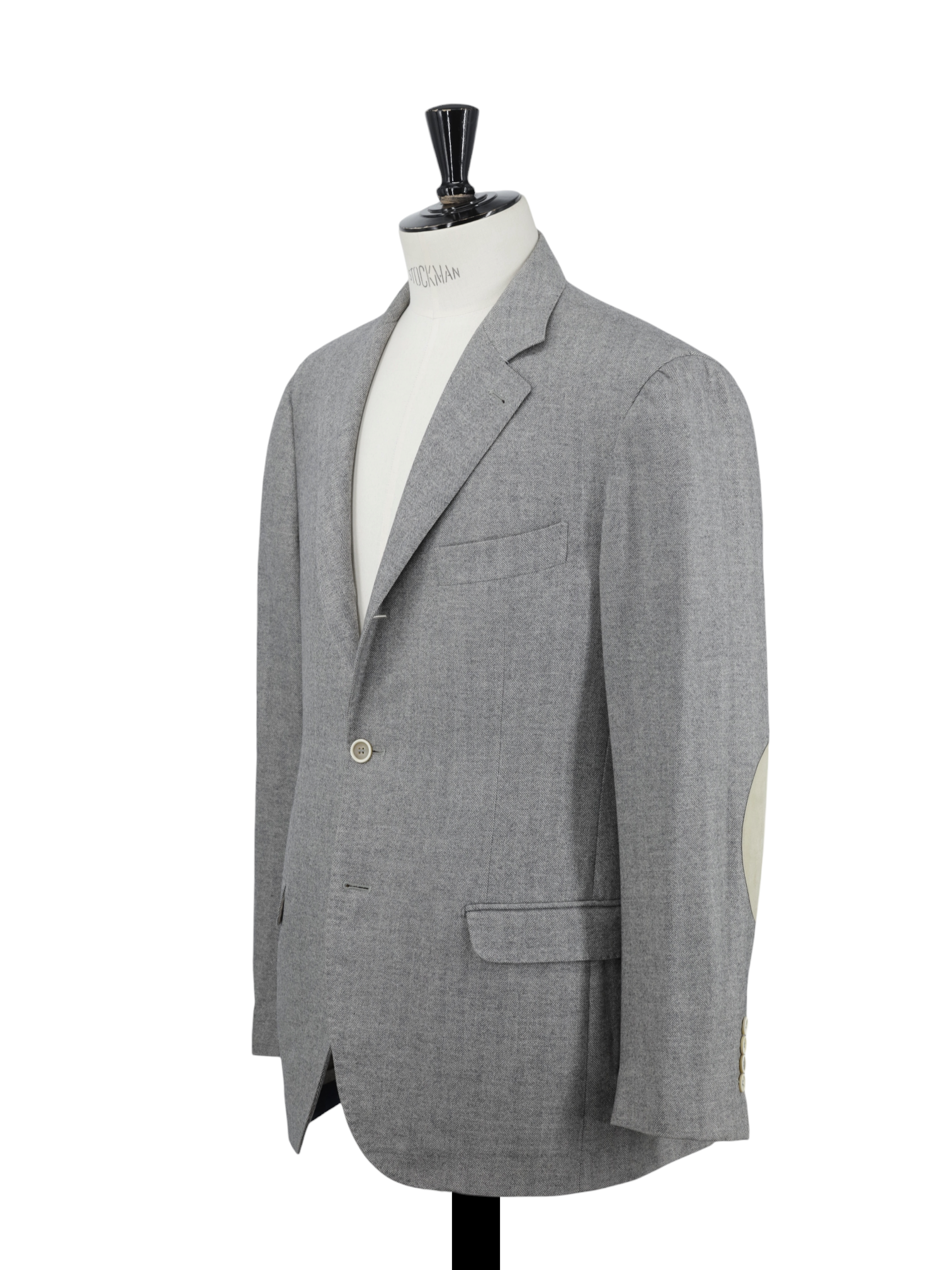 Brunello Cucinelli Grey Wool & Cashmere Elbow-Patch Herringbone Jacket