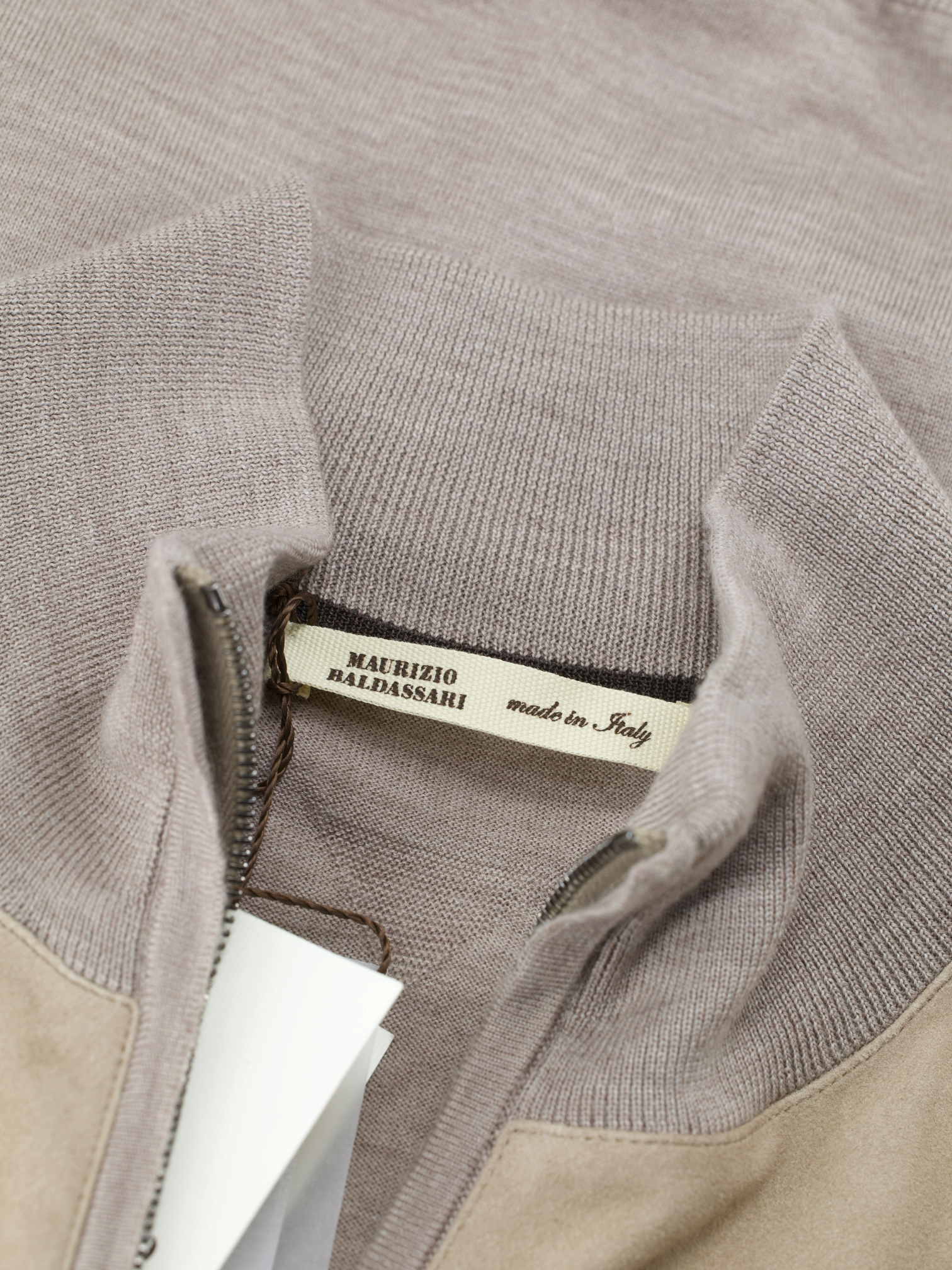 Maurizio Baldassari Light Brown Jersey-Wool & Suede Full-Zip Cardigan