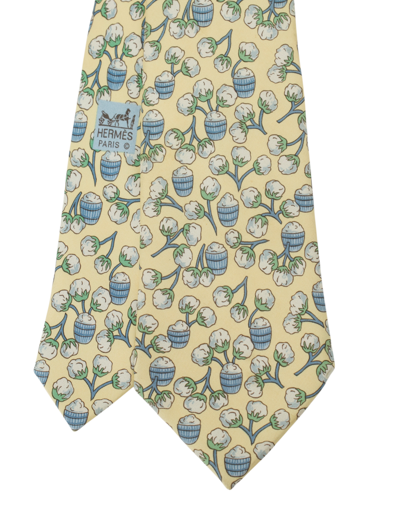 Hermès Beige & Blue Silk Cotton Plant-Motif Tie