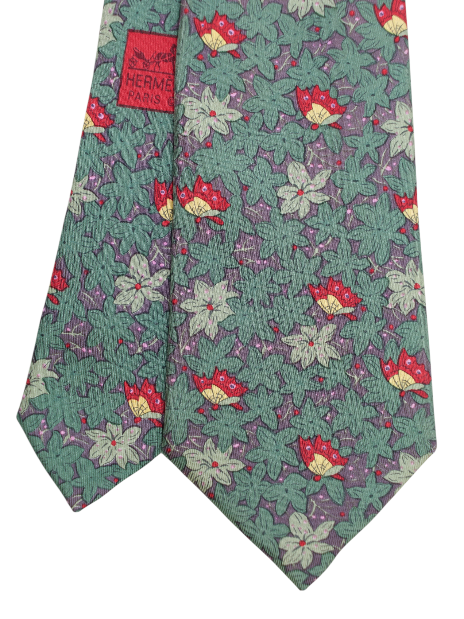 Hermès Grey & Green Silk Butterfly Pattern Tie