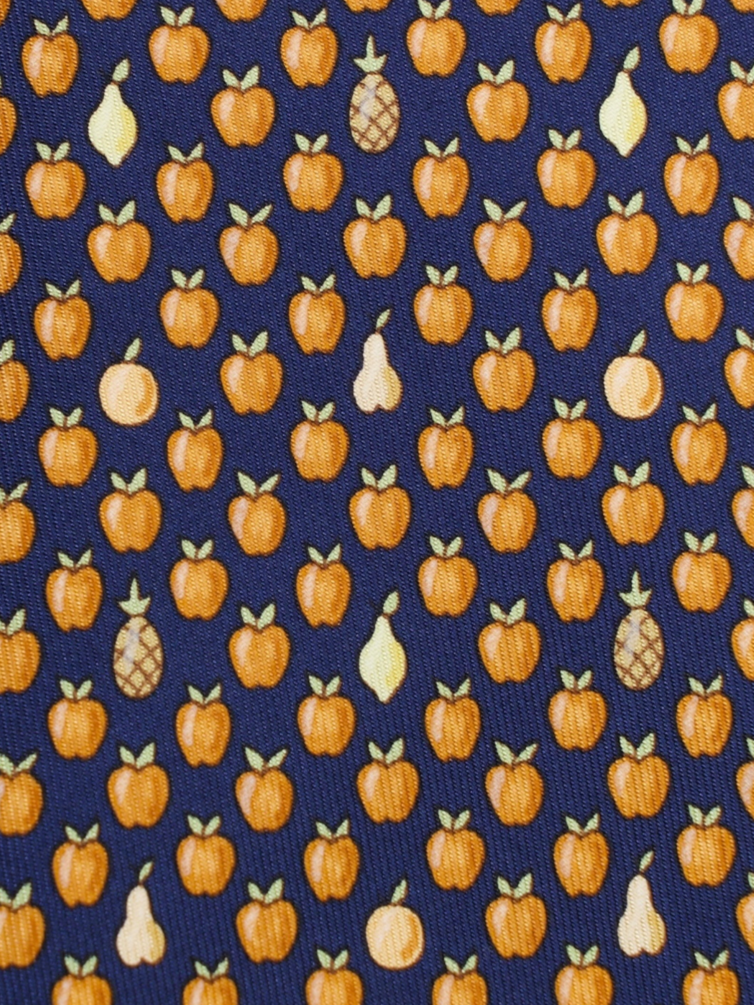 Hermès Navy & Orange Silk Apple & Pear Pattern Tie
