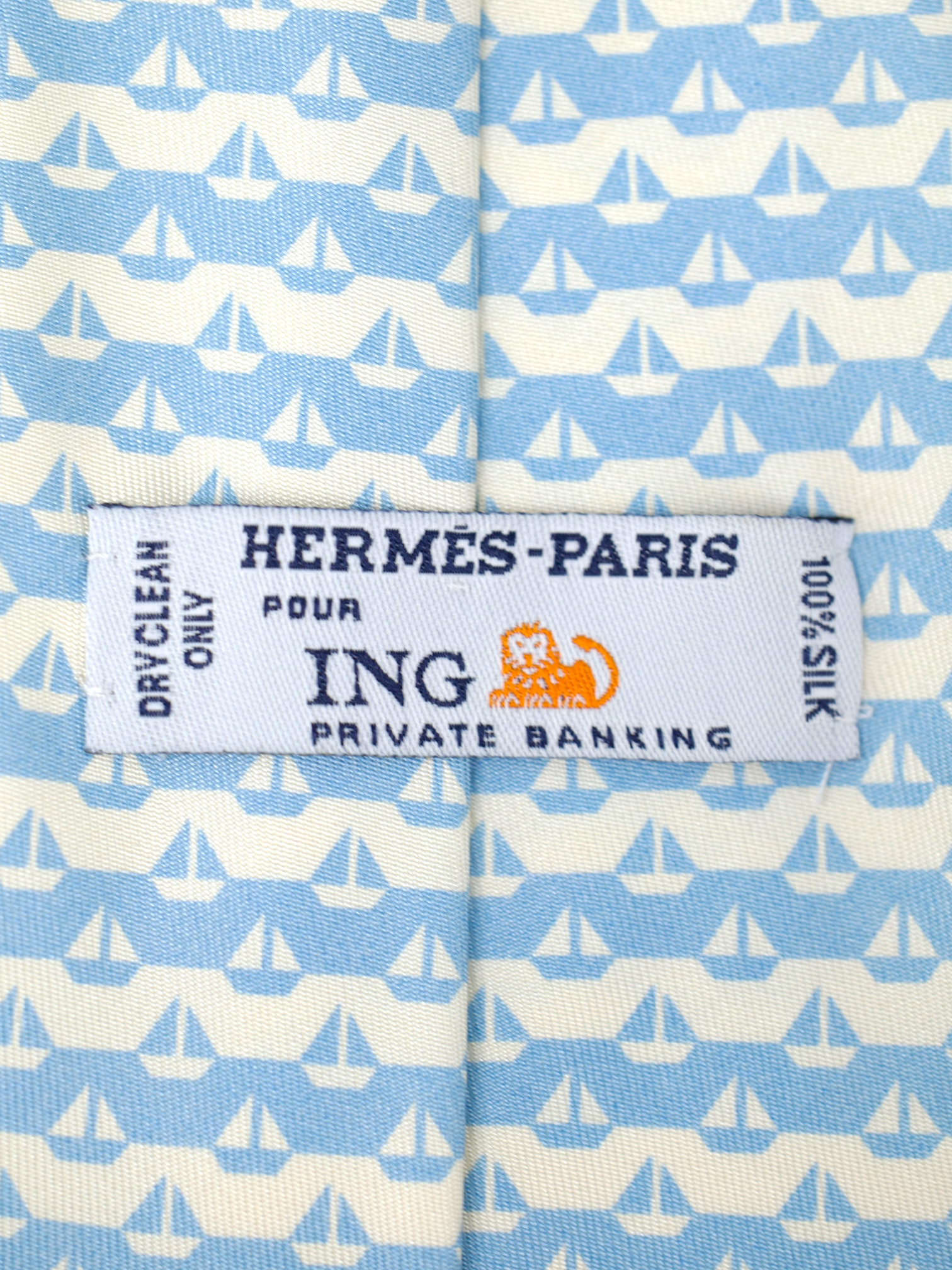 Hermès x ING Private-Banking Ecru & Light Blue Silk Sailing Boat-Pattern Tie