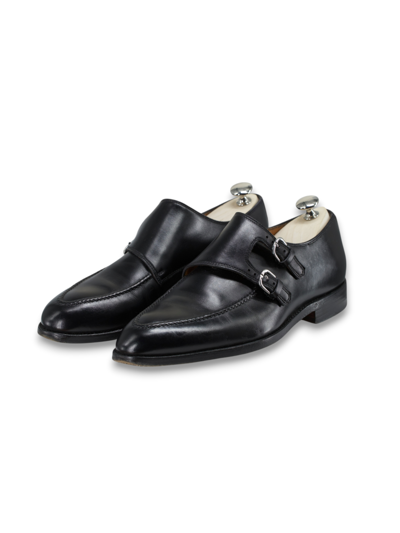 Bontoni Black Calfleather Diagonal-Curved "Diamante III" Double Monk