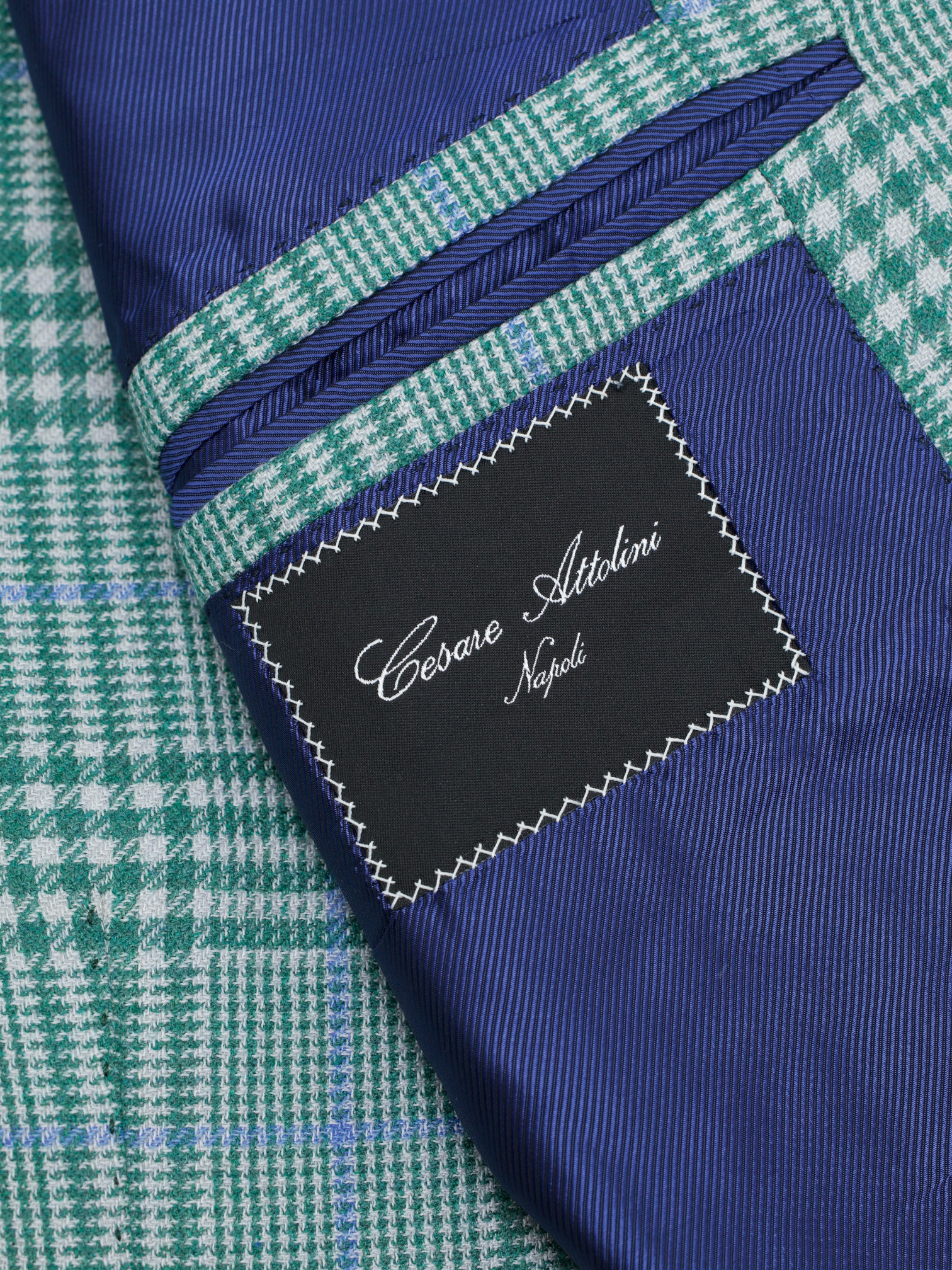 Cesare Attolini Light Green & Blue Cashmere-Silk Glenplaid Jacket