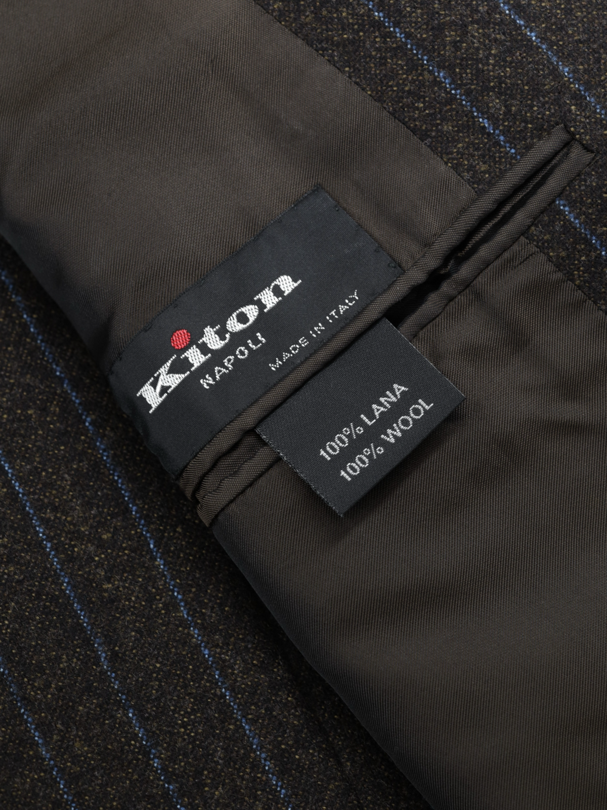 Kiton Dark Taupe & Azure Blue Brushed-Wool Pinstripe Suit