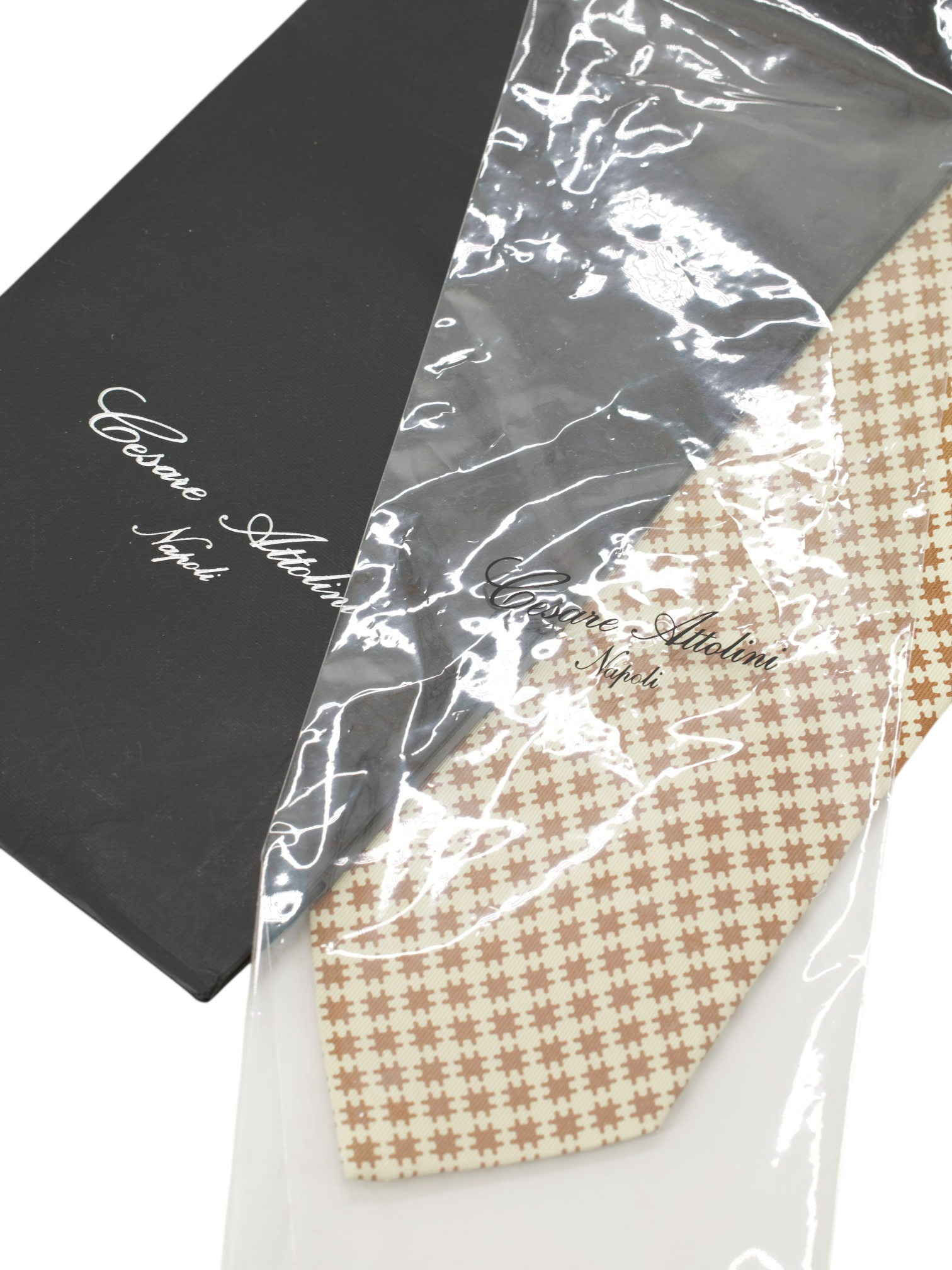 Cesare Attolini 5-Fold Light Brown Silk Geometric Pattern Tie