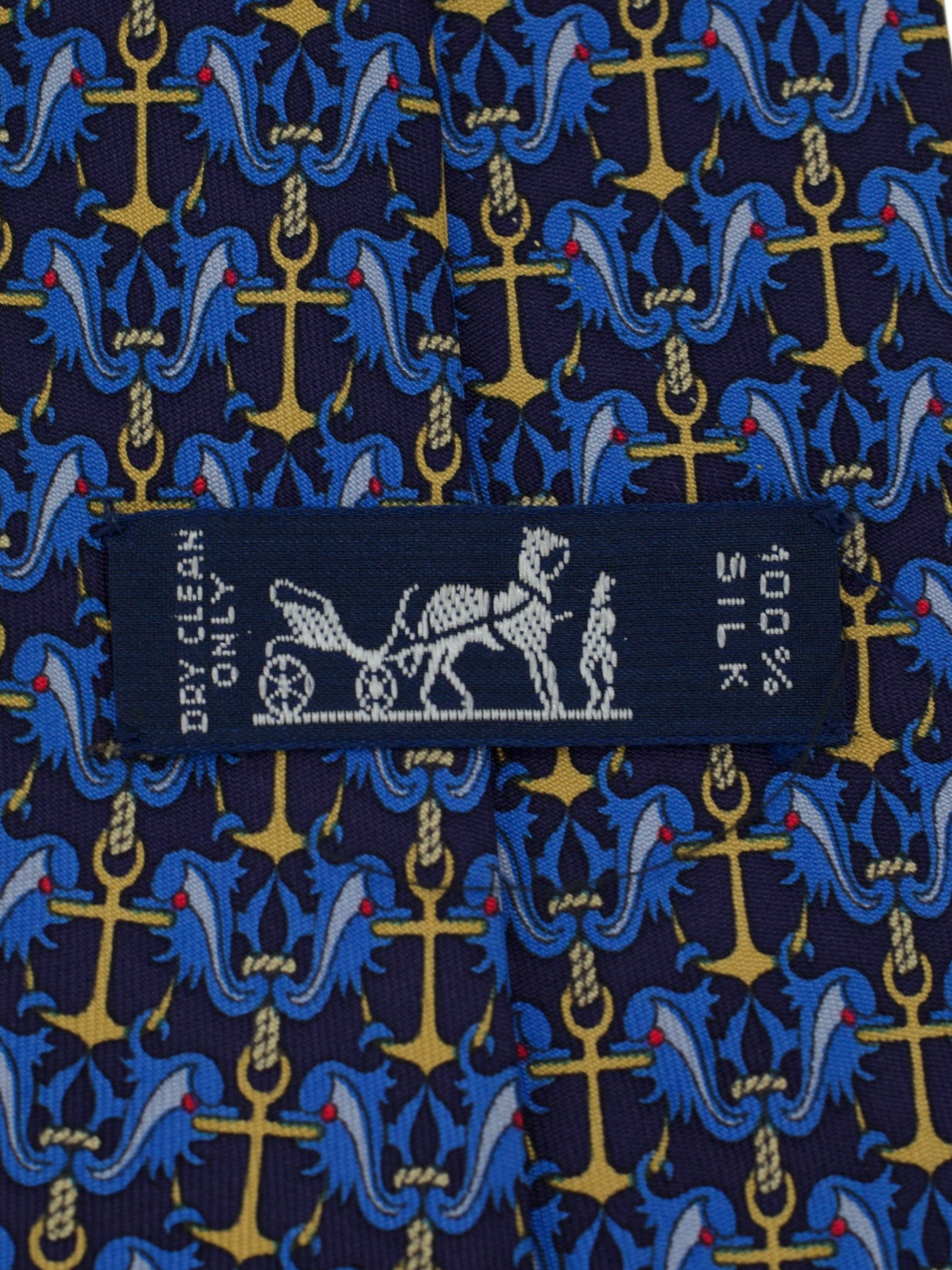 Hermès Navy & Gold Anchors Silk Blue Dolphin Tie